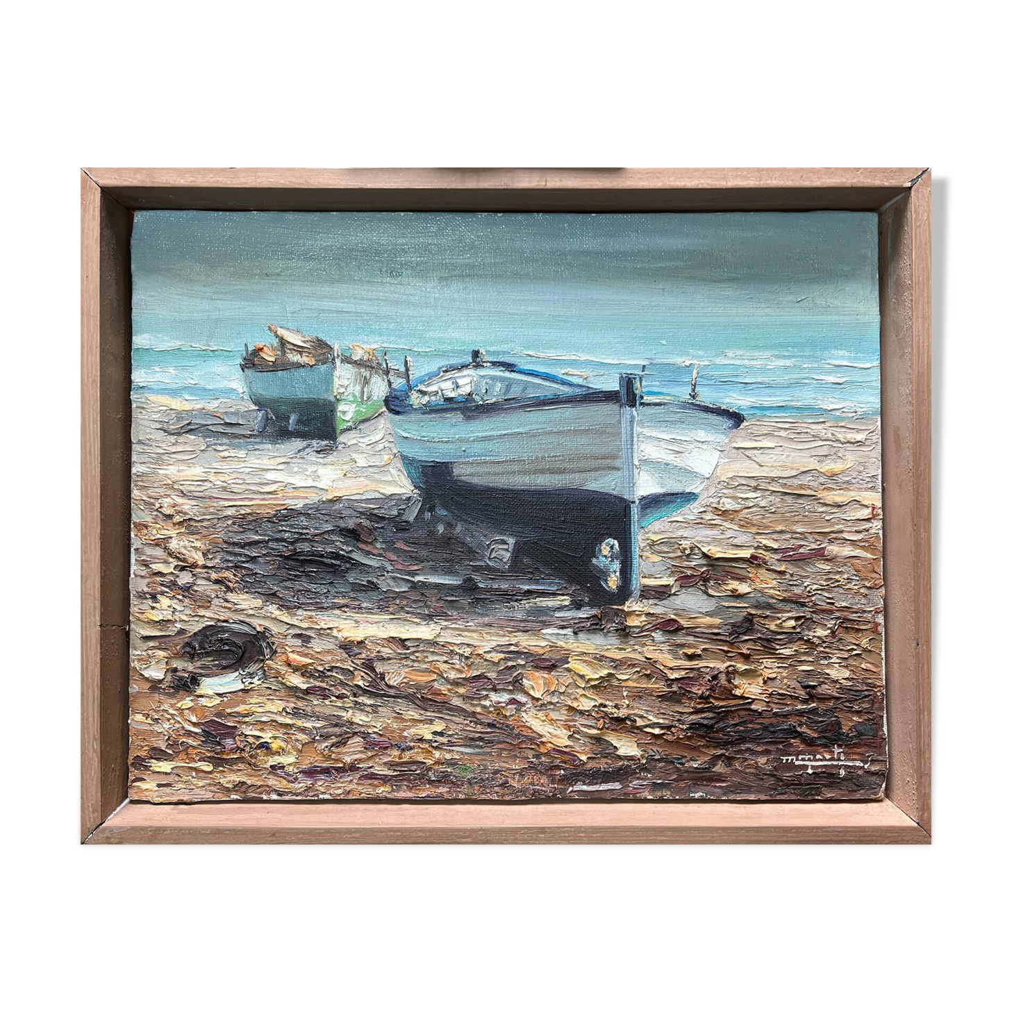 Tableau HST "Barques sur la Plage" éc. XX° Signé M. Marti
