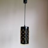 Amber blown glass and midnight blue metal hanging lamp 1960