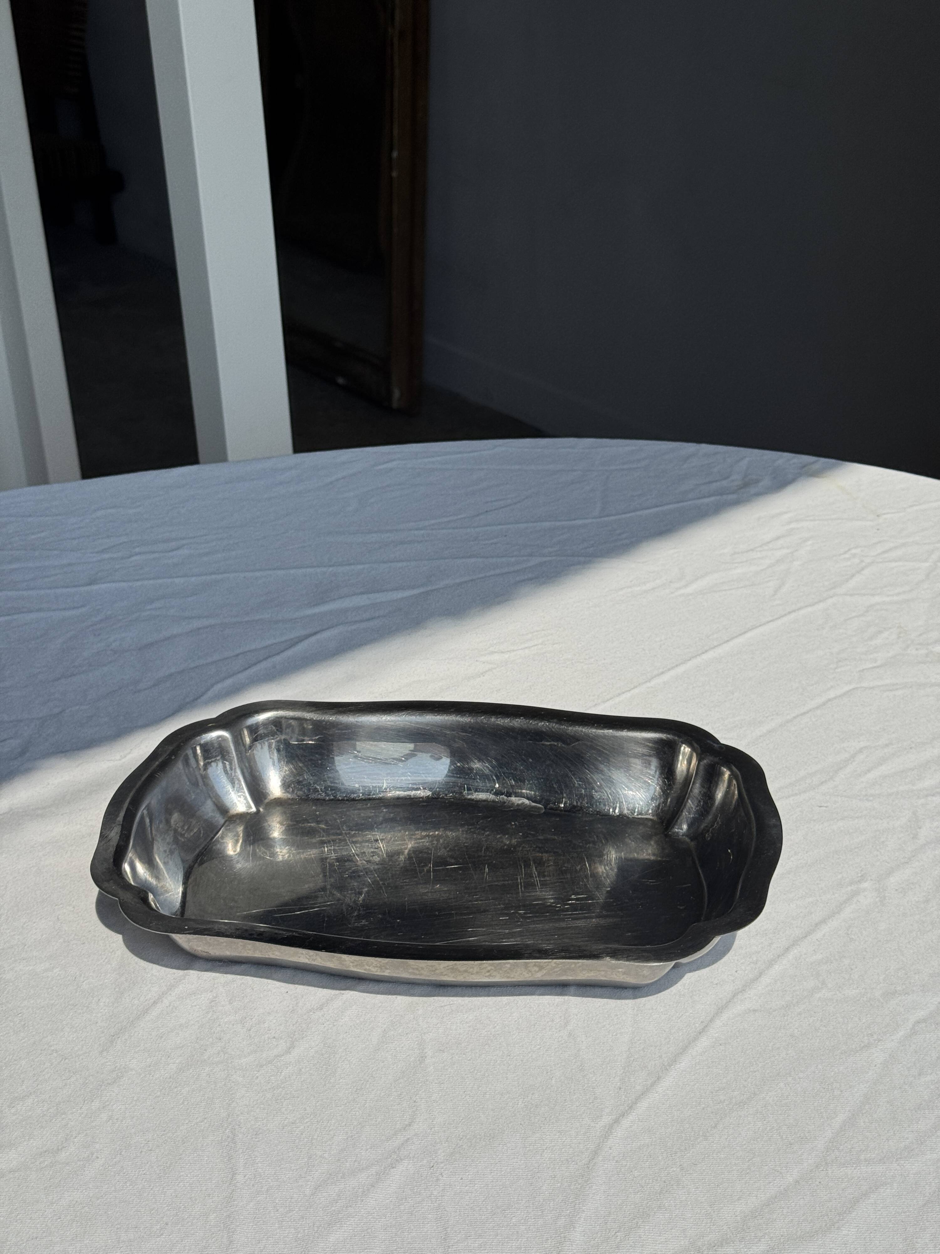 Silver metal serving dish oval rectangular high edges 30.5 x 21