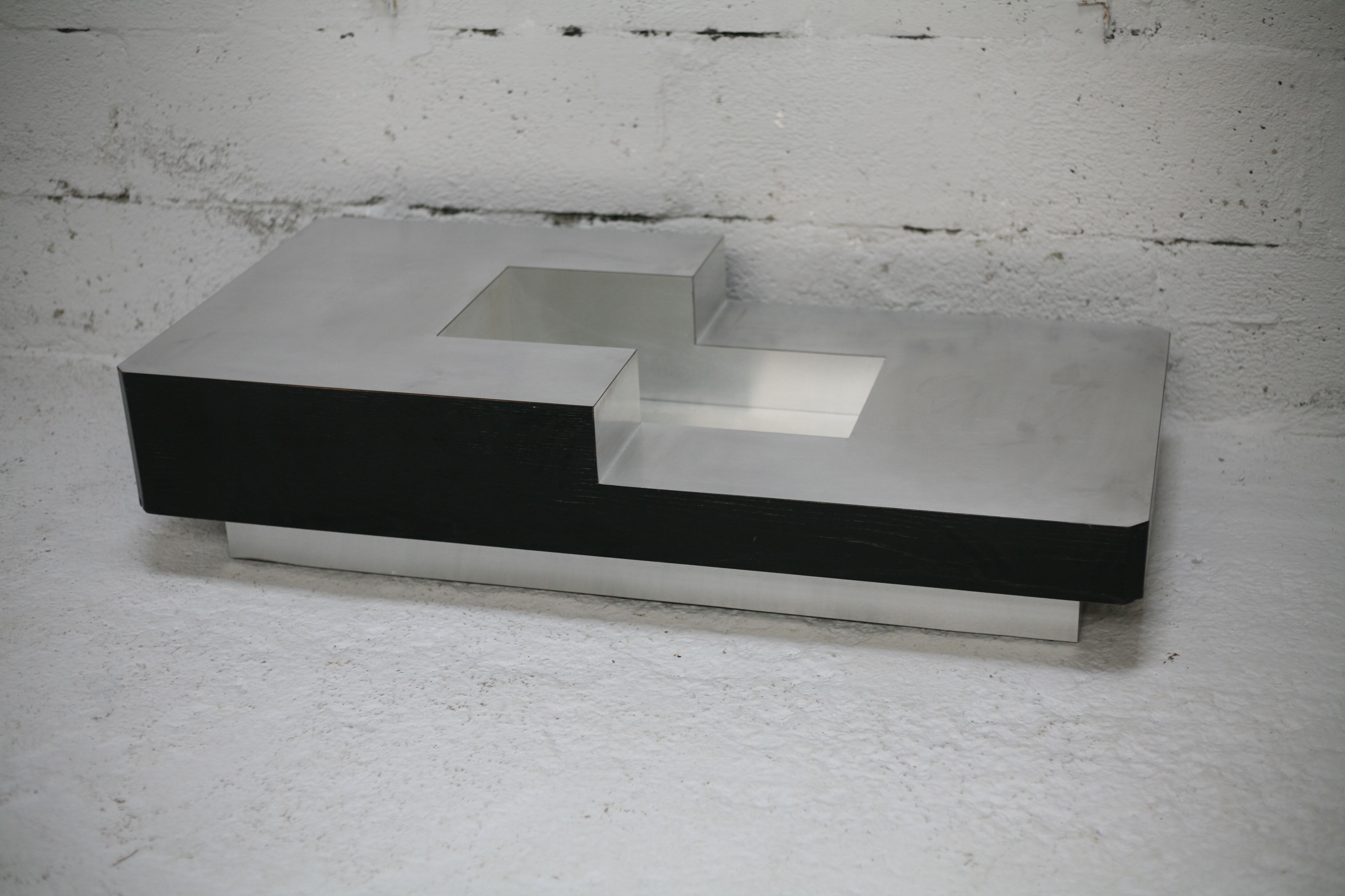Coffee table "Space Age", wood, aluminum veneer, France, circa 1970