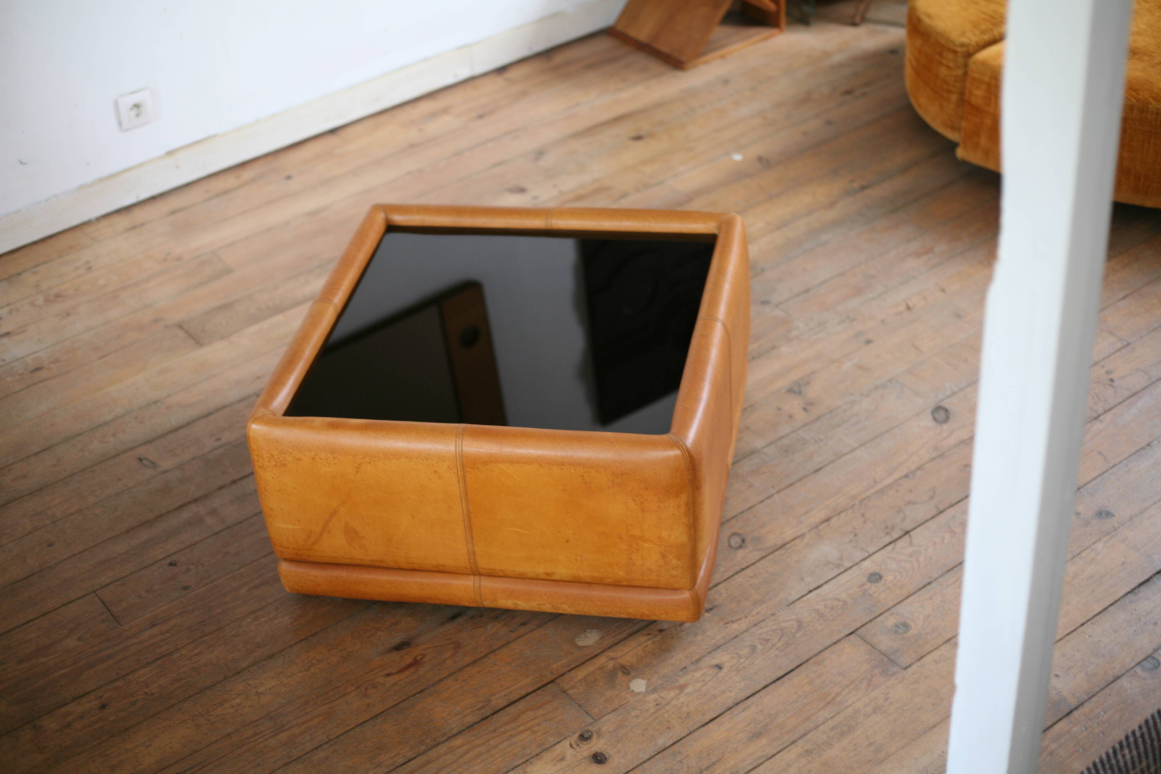 black leather and glass coffee table, vintage design