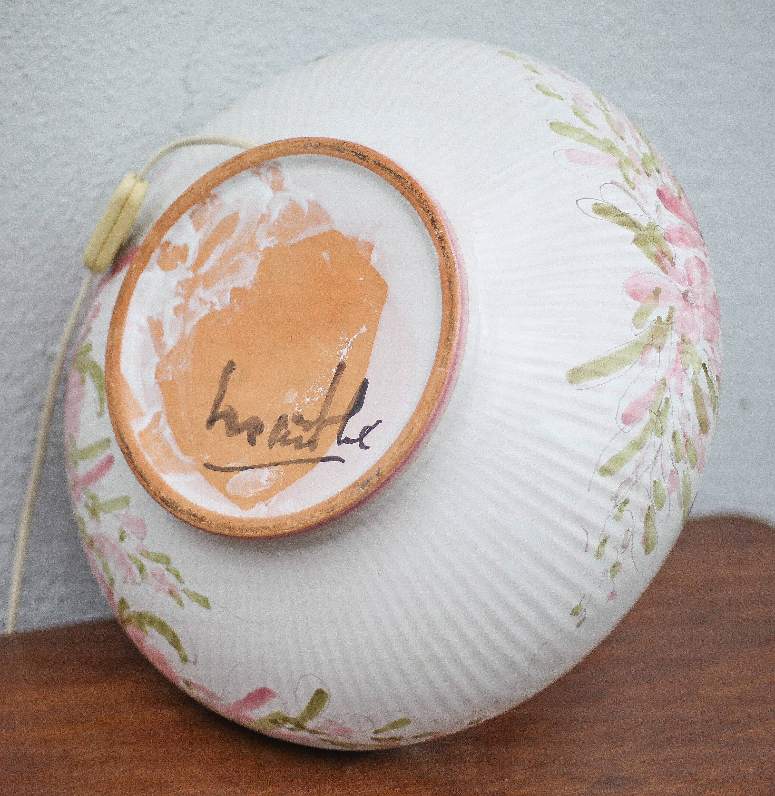 Large glazed terracotta lamp with flower decoration, ceramic signed Maithé