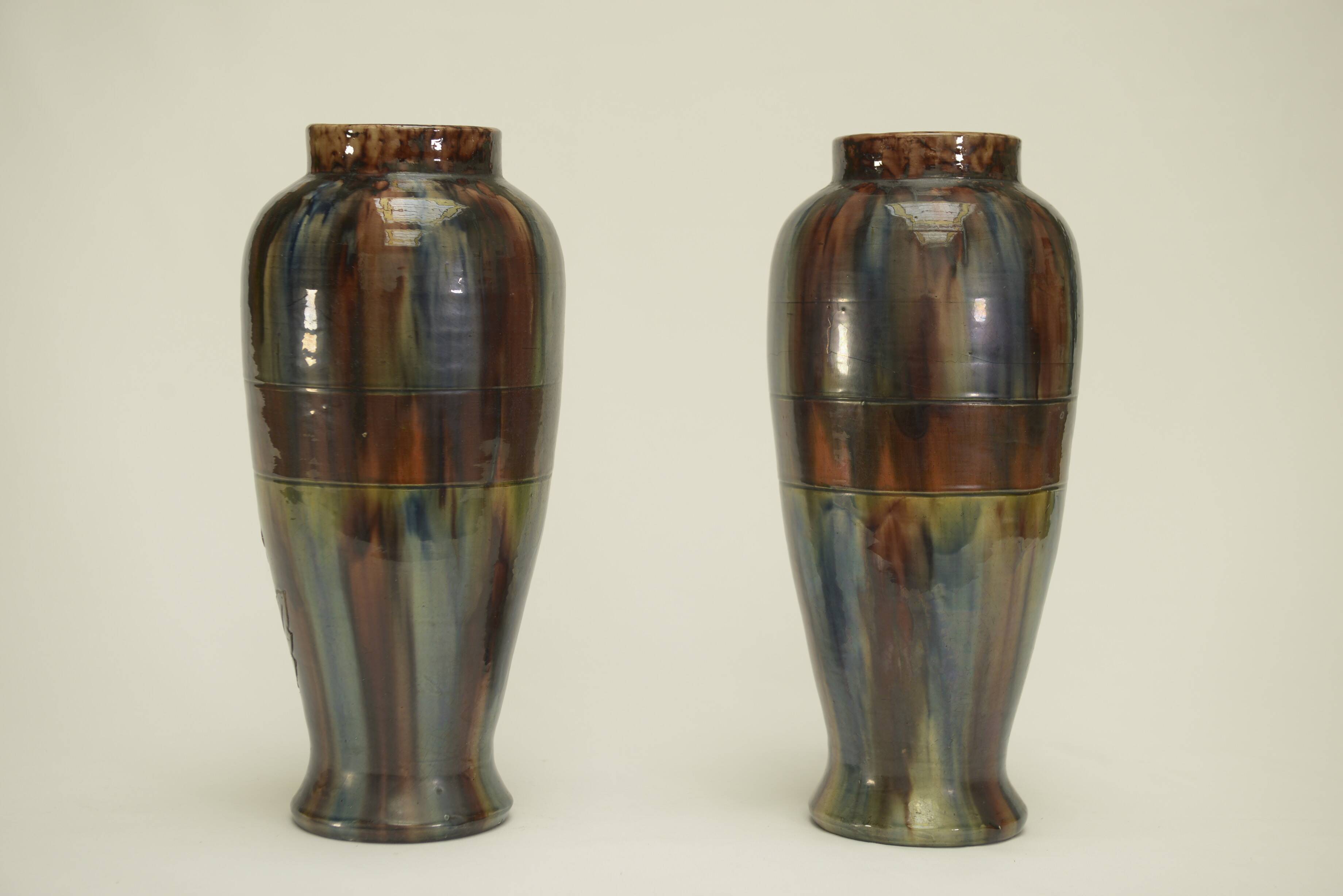 Pair of barbotine vases from the early 20th century stamped BELGIUM 158