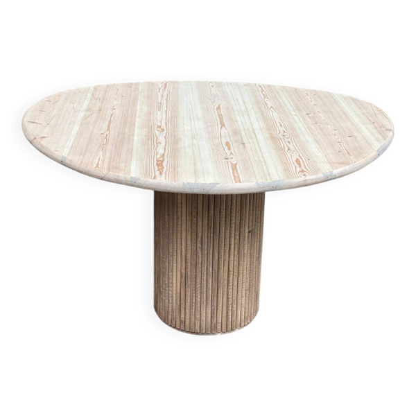 Table à manger scandinave ronde pied central décapée en bois massif brut 90