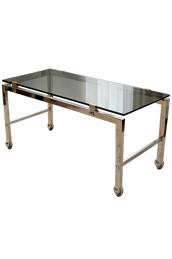 Table basse à roulettes en chrome et verre fumé 1970