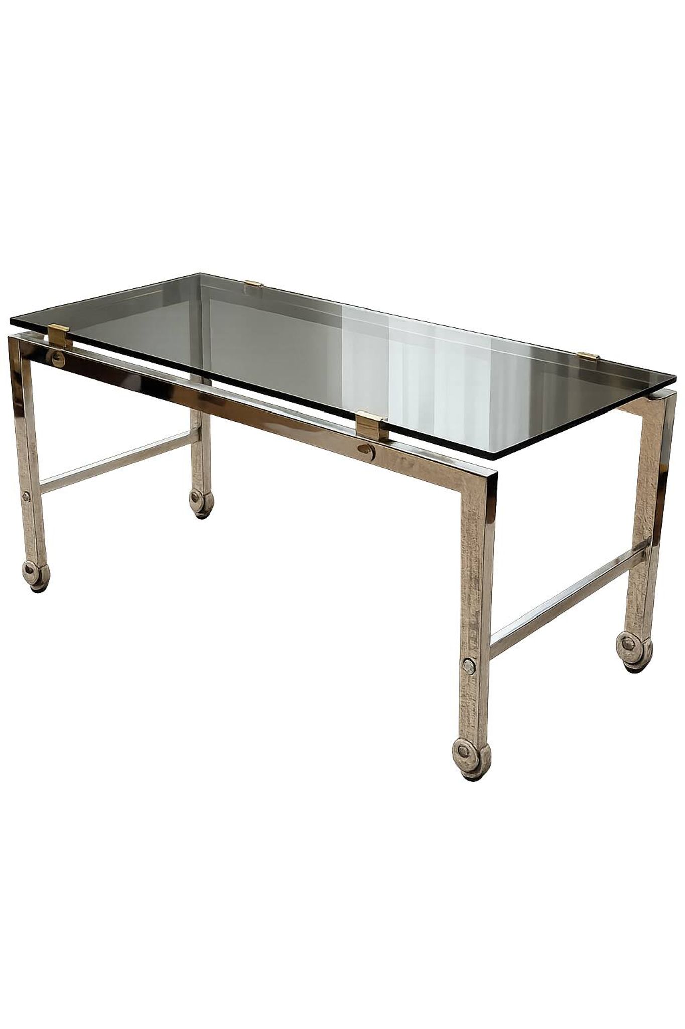 Chrome and smoked glass coffee table on wheels 1970