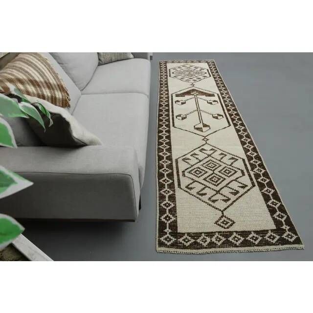 1970s Vintage Turkish Handmade Wool & Cotton Beige Runner Rug 89x320