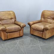 Paire de fauteuils lounge en cuir buffle cognac Arcon Italia