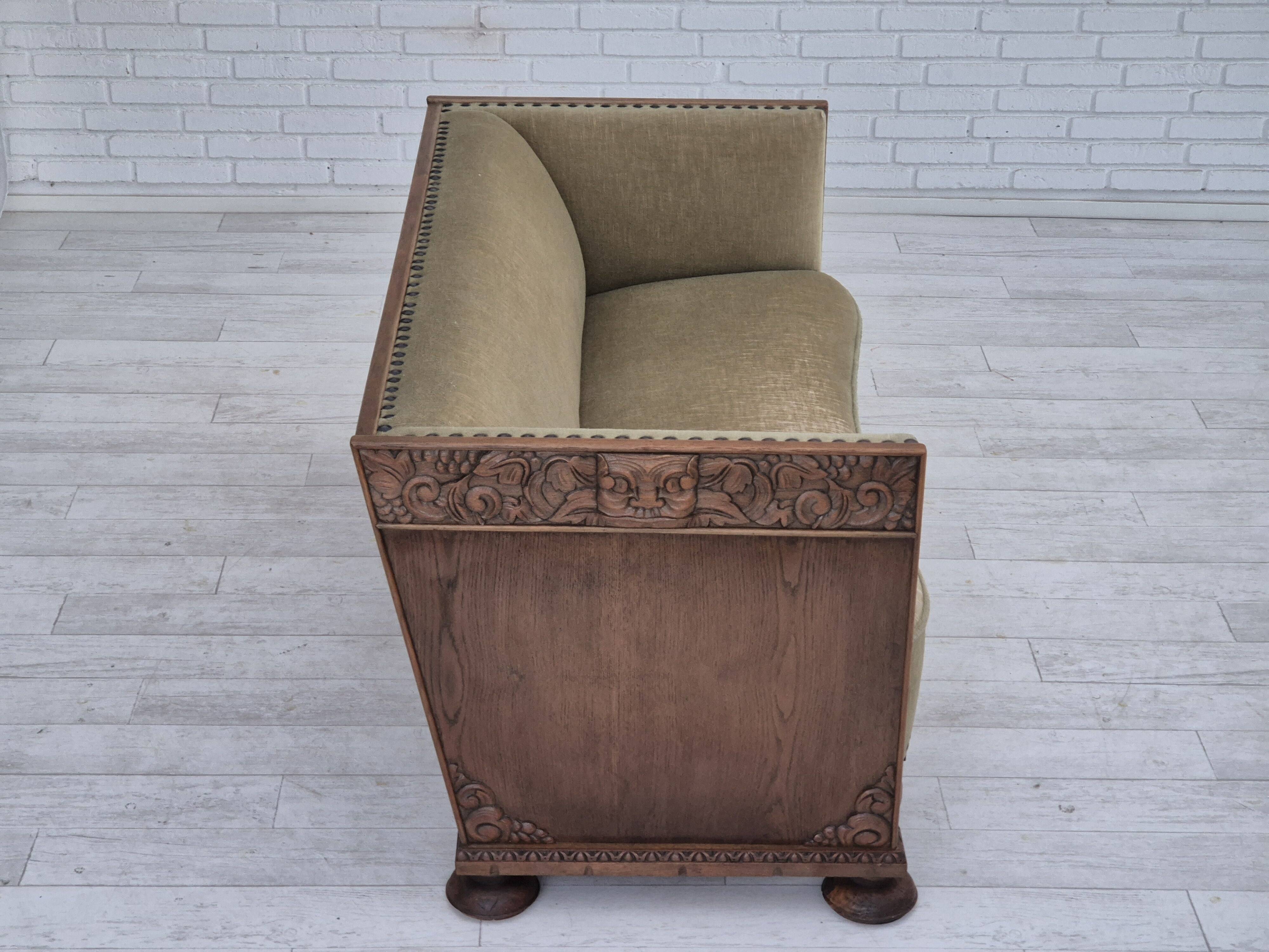 1950s, Danish curved sofa, furniture velour, oak wood.