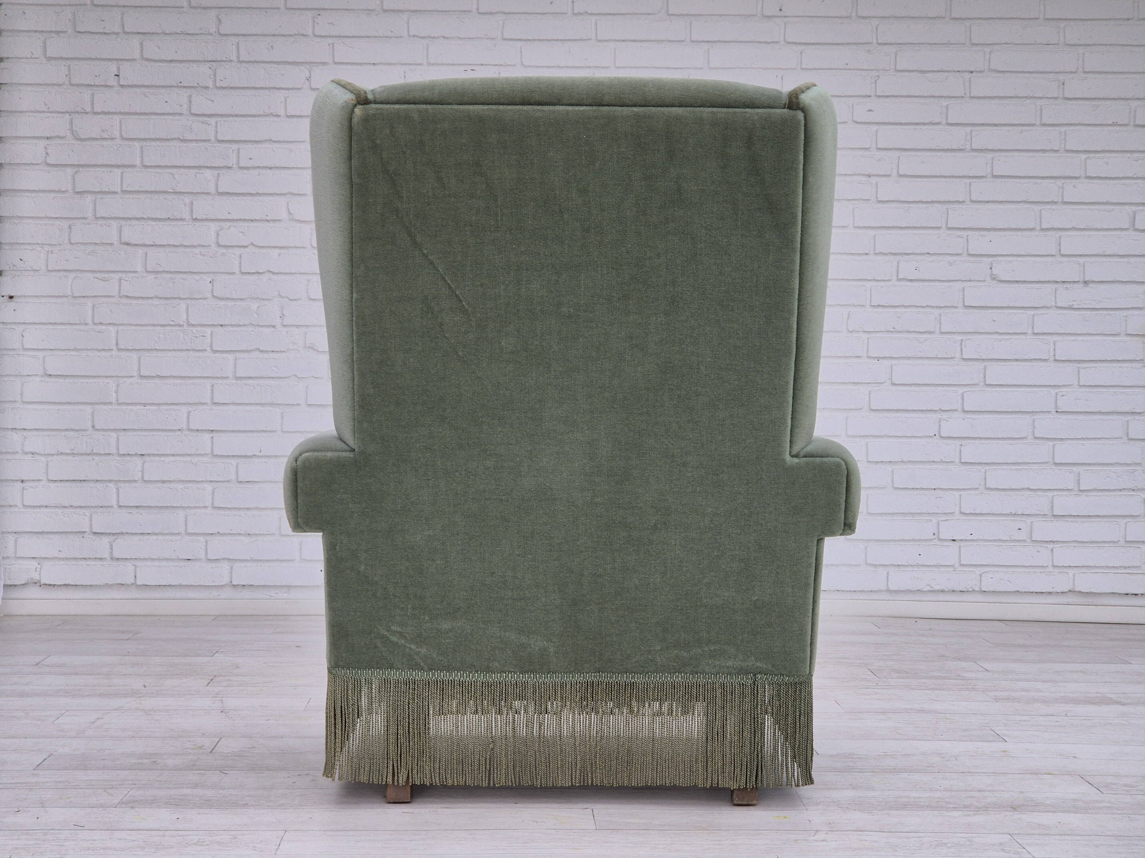 1970s, Danish wingback armchair, original condition, furniture velour, beech wood.