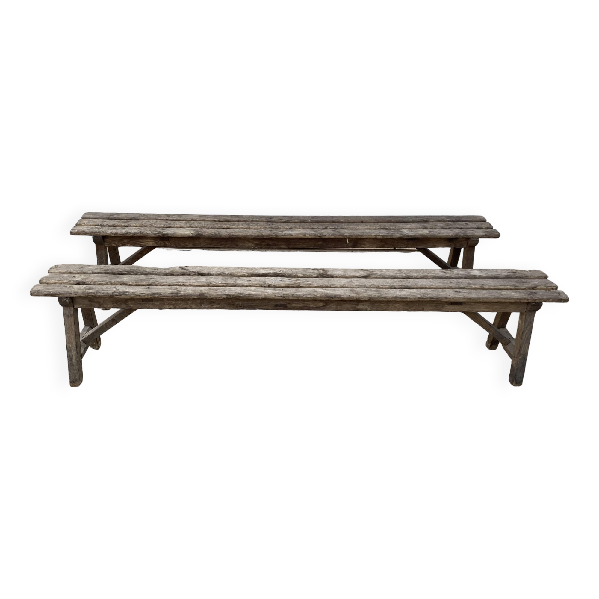 Pair of 2m solid oak wood farm benches for rustic farm table 1900