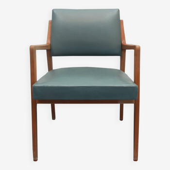 Fauteuil années 1950 en merisier, simili cuir kaki