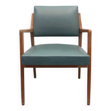 Fauteuil années 1950 en merisier, simili cuir kaki