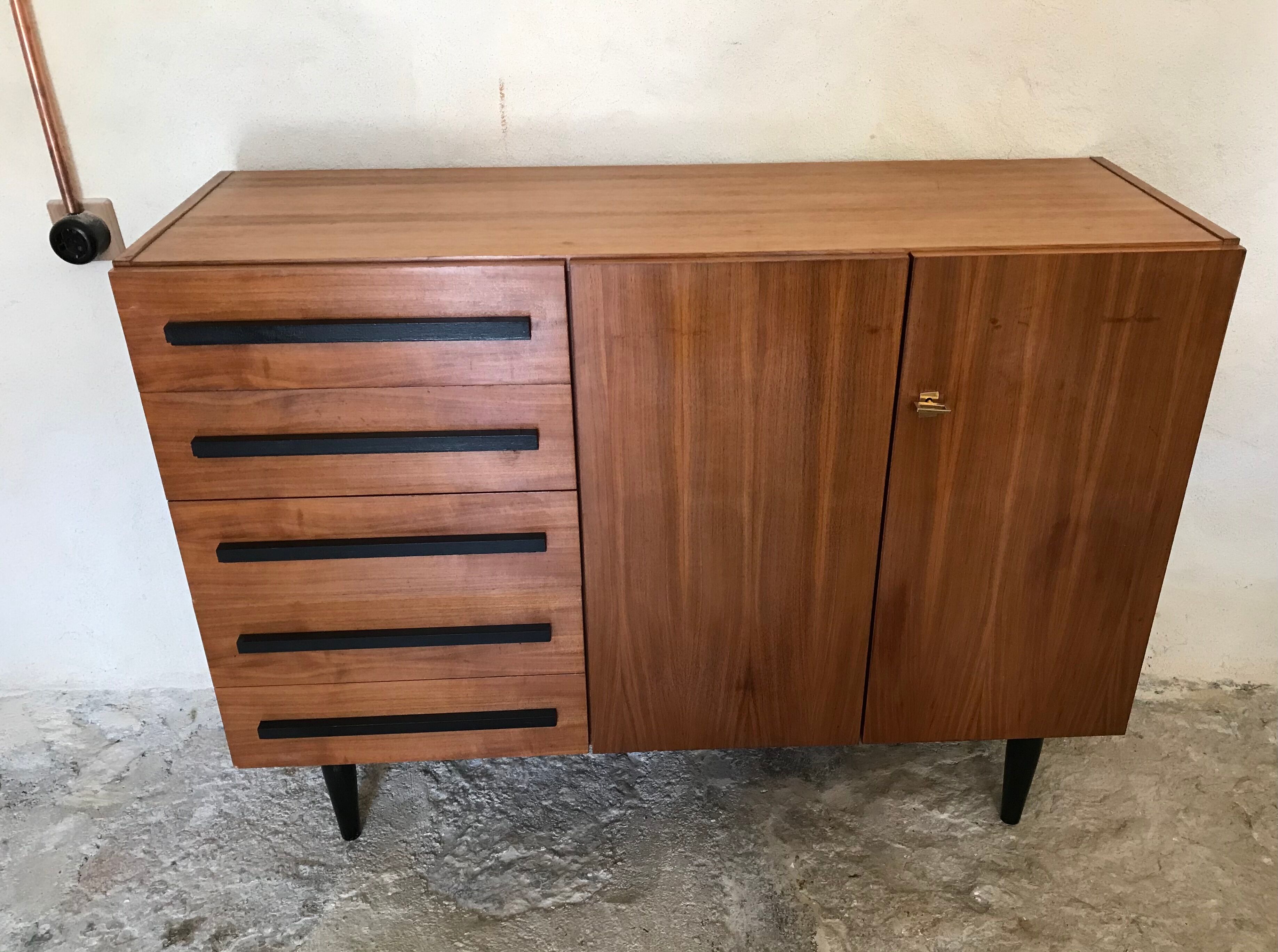 Vintage storage cabinet 1960's 5 drawers 2 doors
