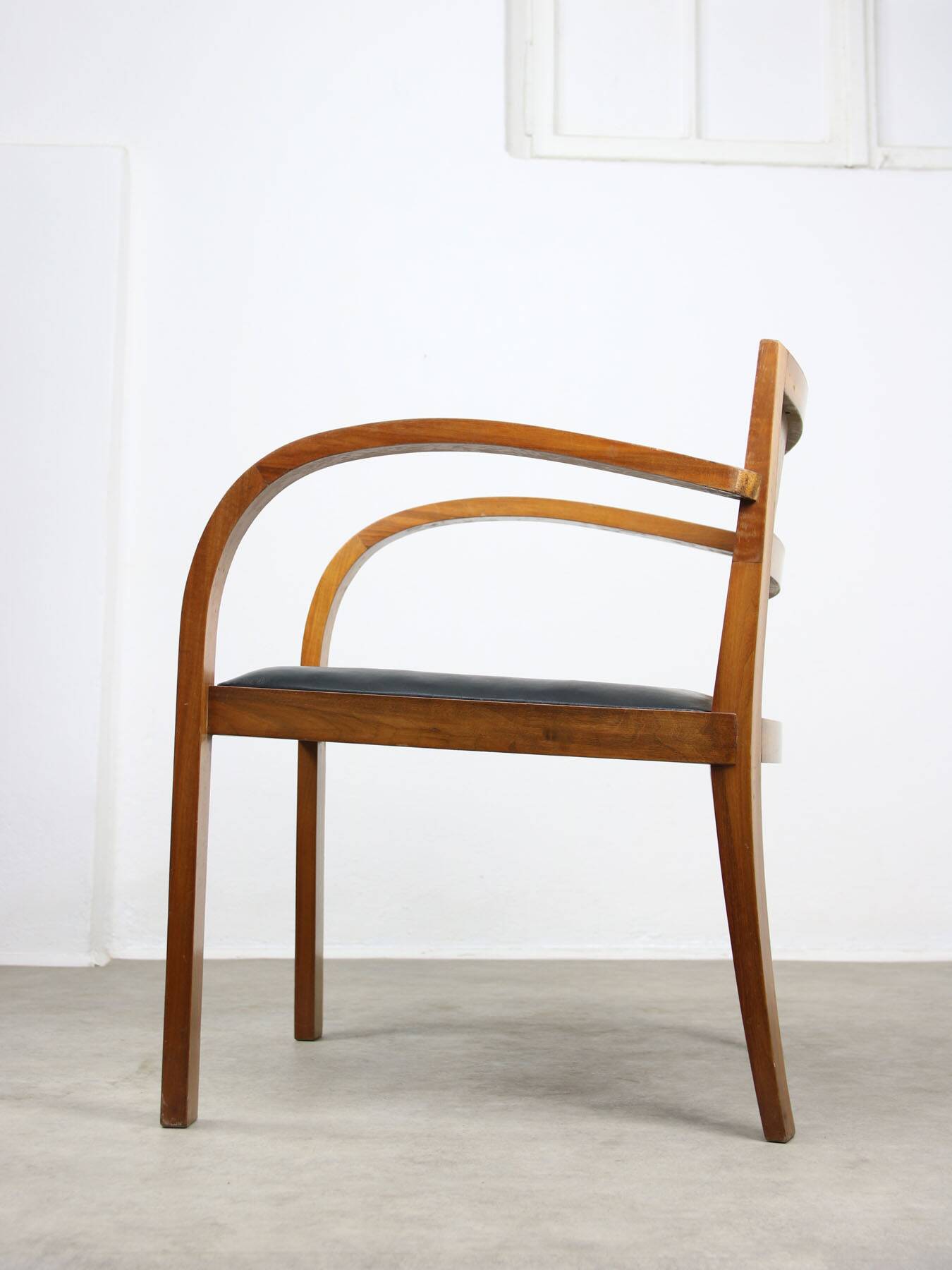 Italian Art Deco Lounge Chairs in Wood & Black Leatherette, set of 2