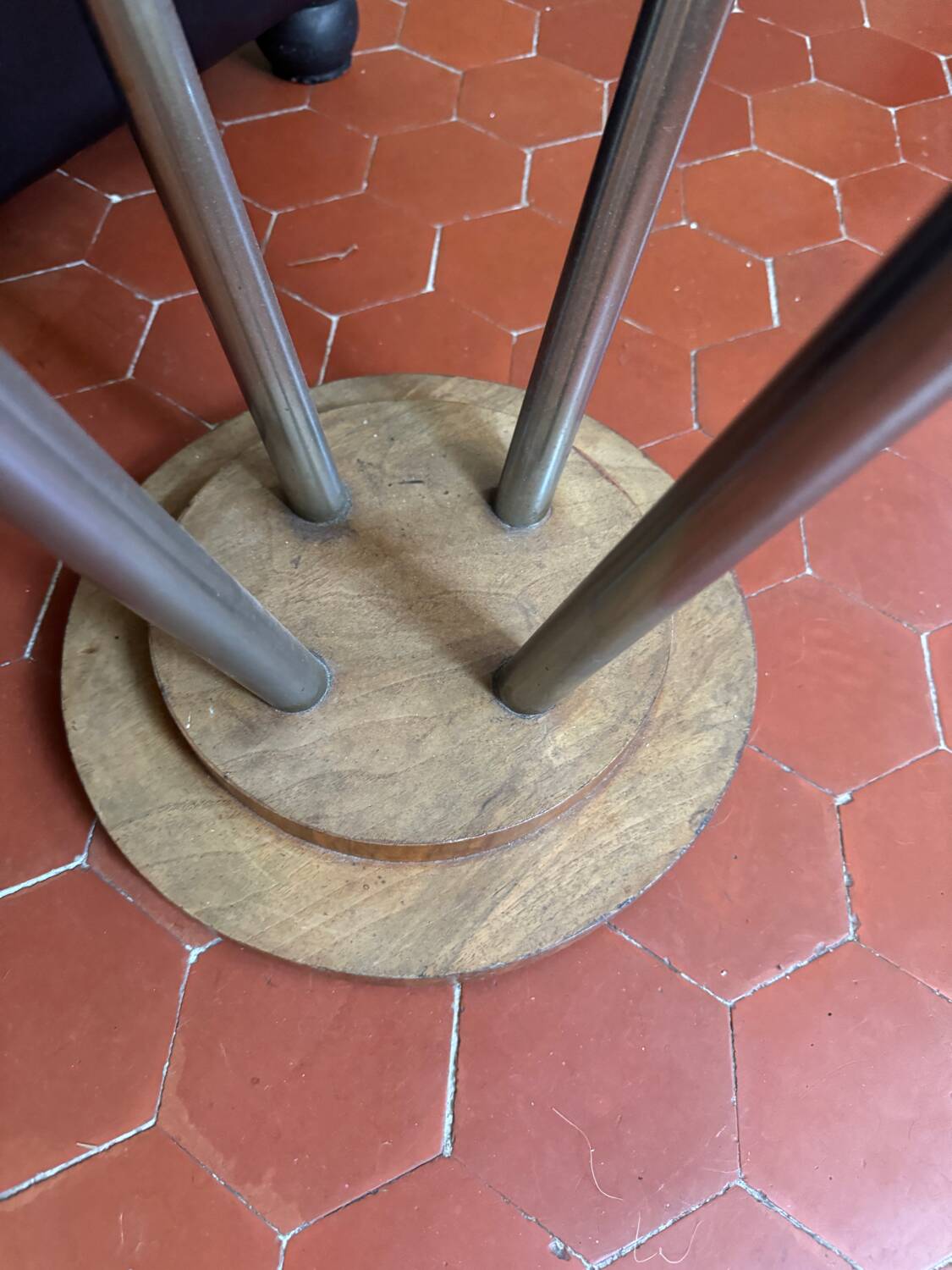 Small wooden and chrome pedestal table from the 1930s with a glass