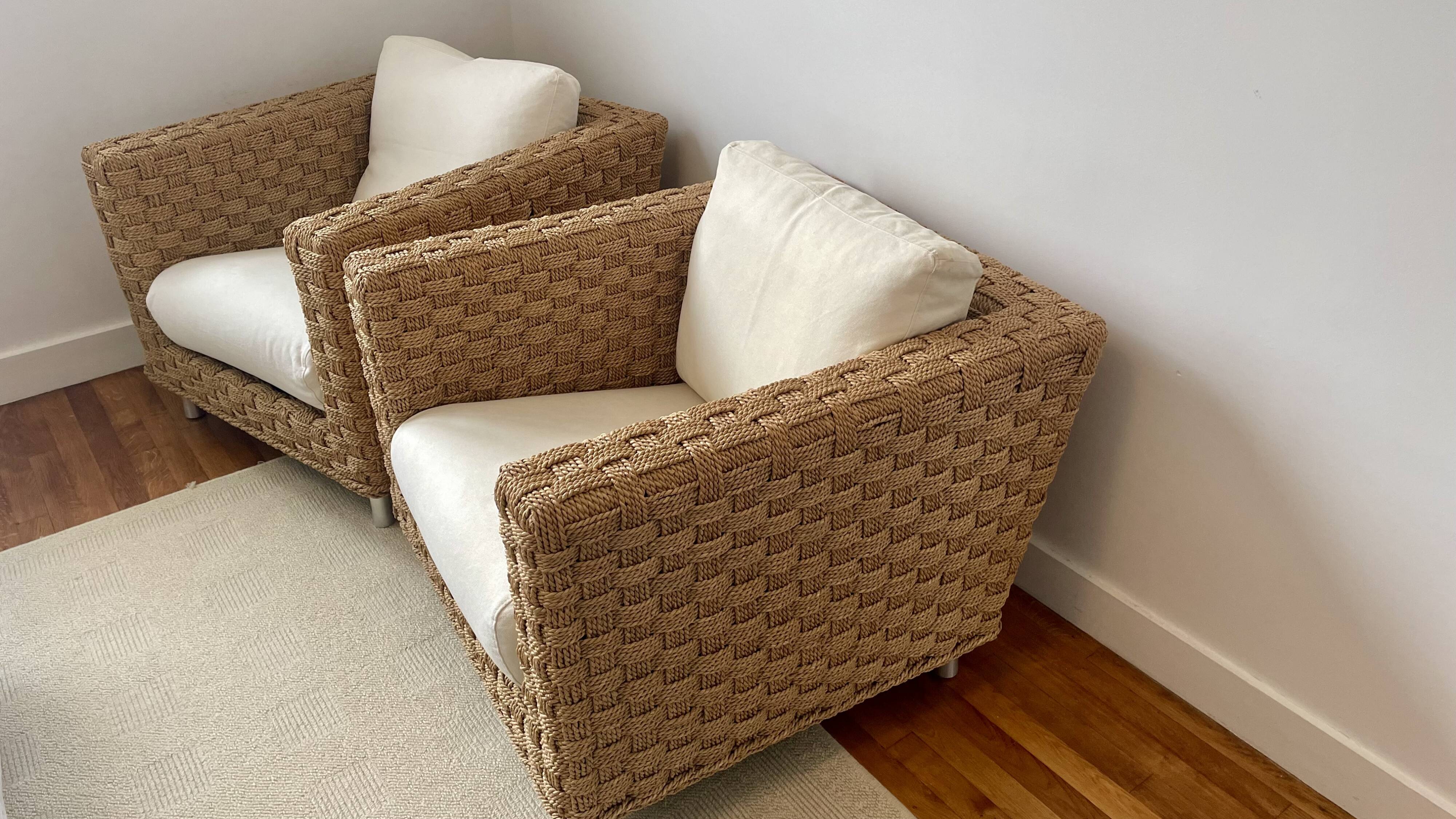 Pair of Ligne Roset Wicky armchairs by Didier Gomez in braided rope.