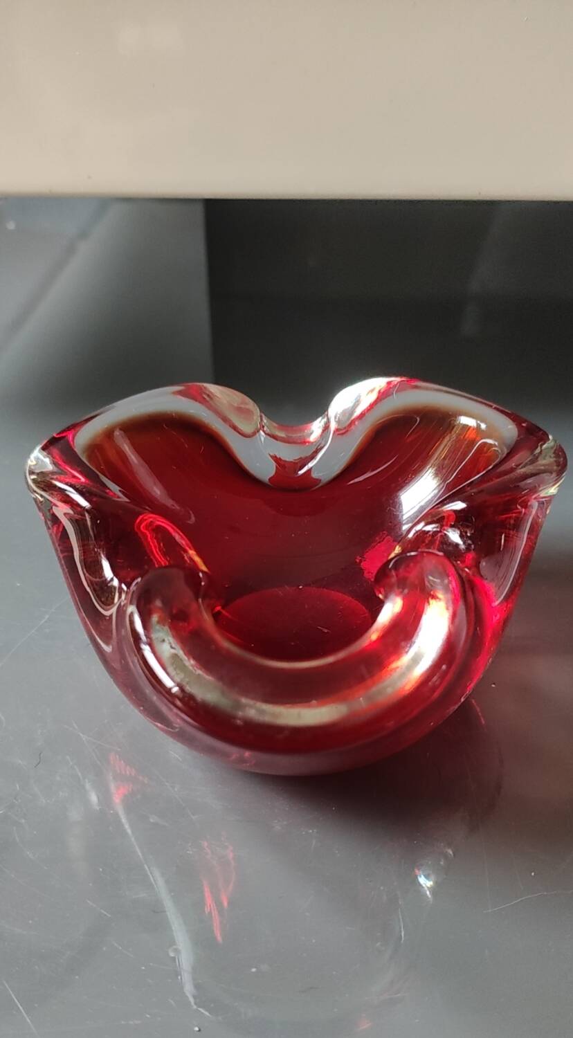 Murano Sommerso Ashtray/Vide Poche. Amber Iridescent Red Glass