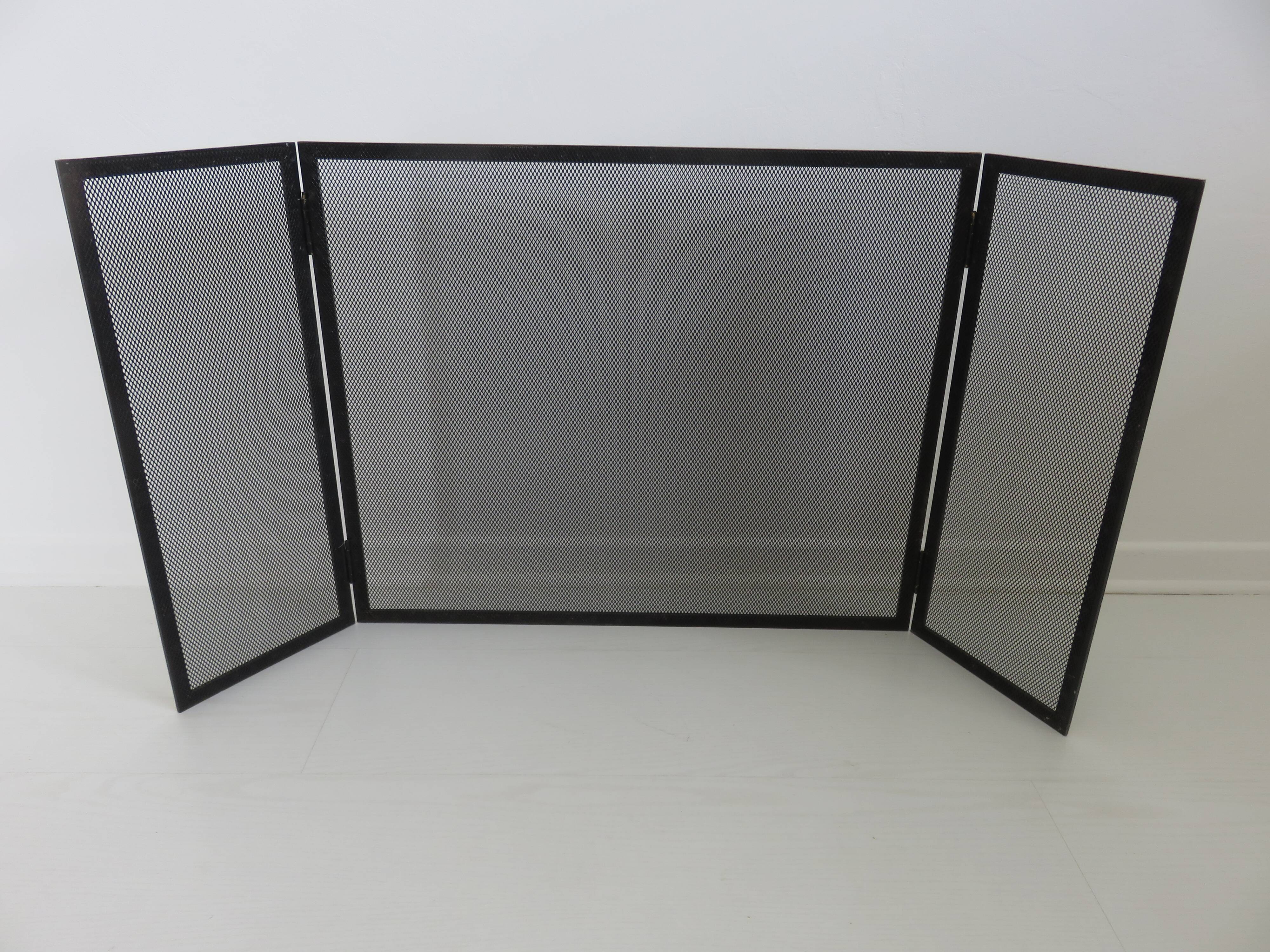 Fire screen, 3-panel brass spark screen for fireplace, modernist, minimalist, 1970