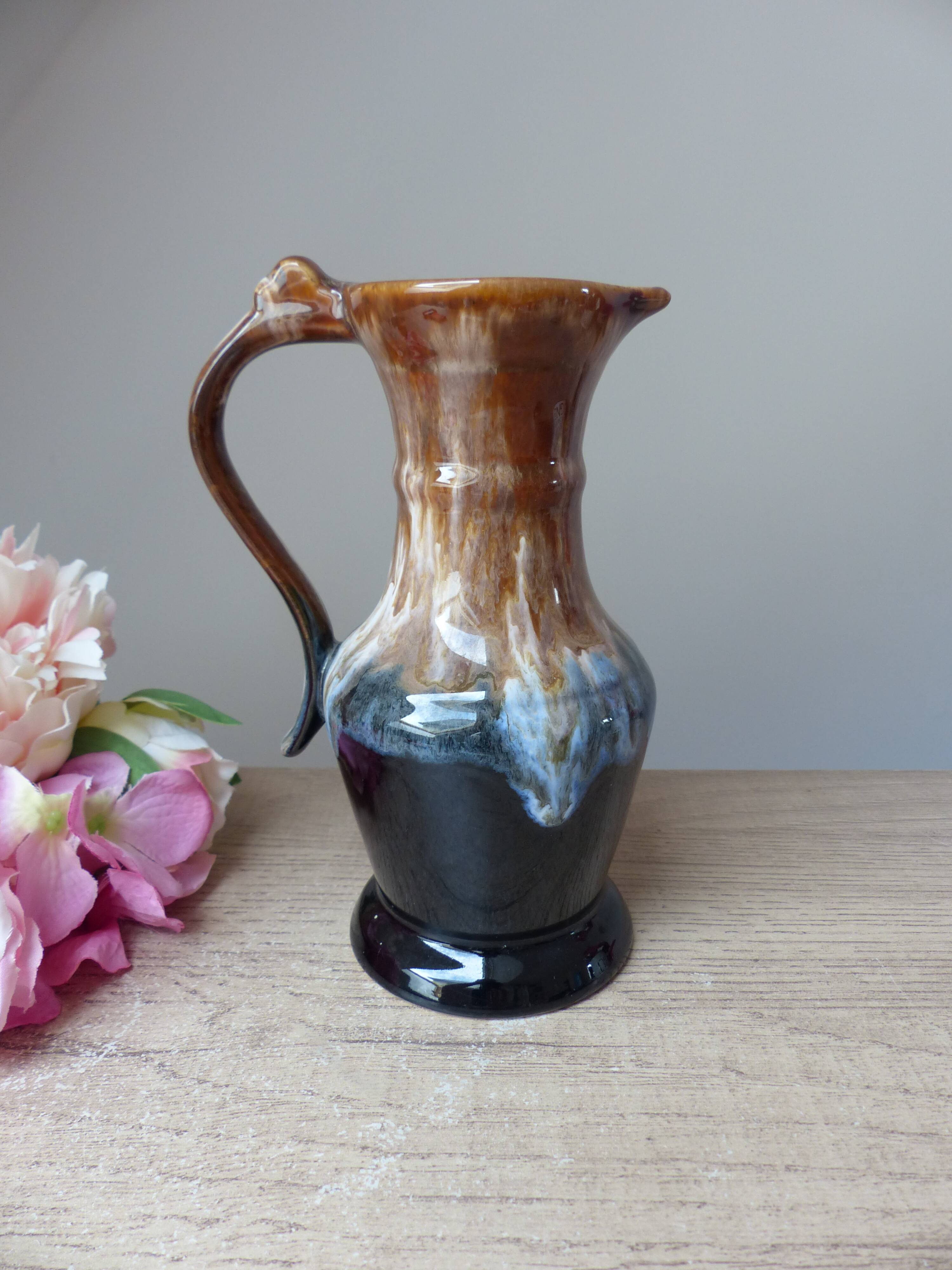 Old wine pitcher carafe in brown and blue flamed stoneware vintage 1960