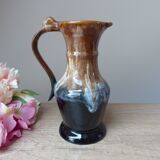 Ancien pichet à vin carafe en grès flammé marron et bleu vintage 1960