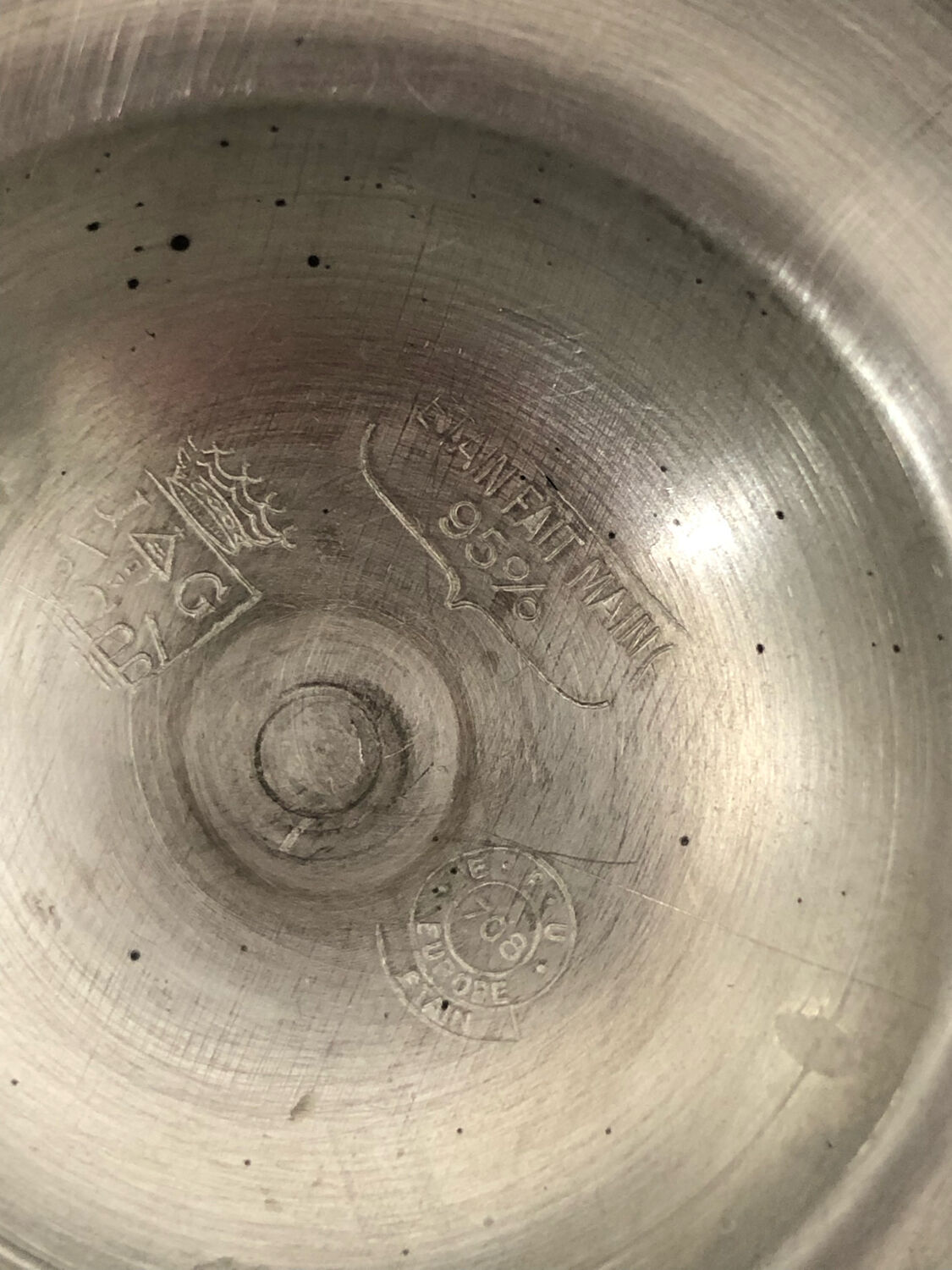 Ceramic salt jar pewter lid stamped J G