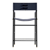 Tabouret de bar contemporain avec dossier en cuir bleu marine et métal en caoutchouc noir