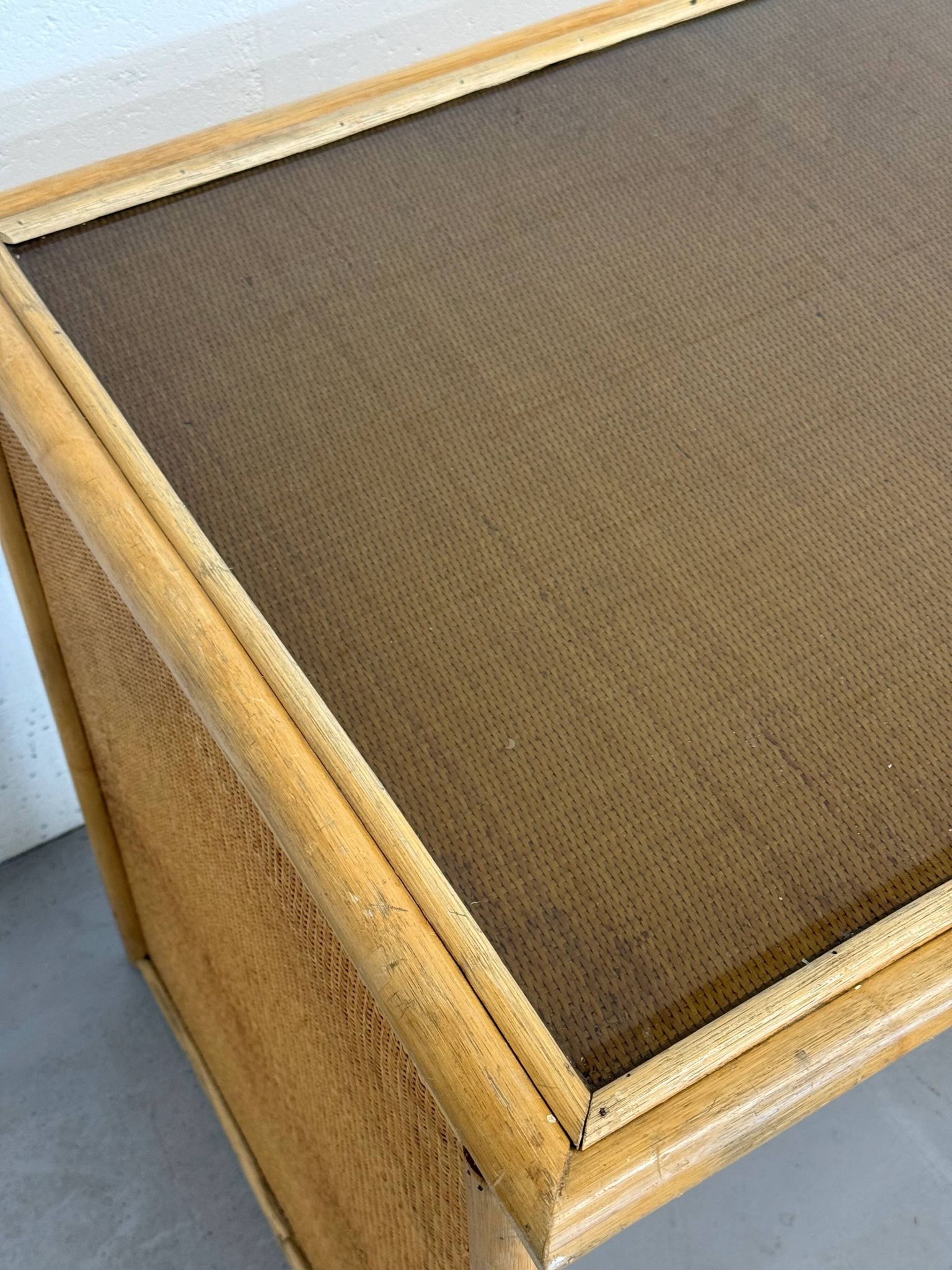 Vintage bamboo and woven rattan desk — glass top
