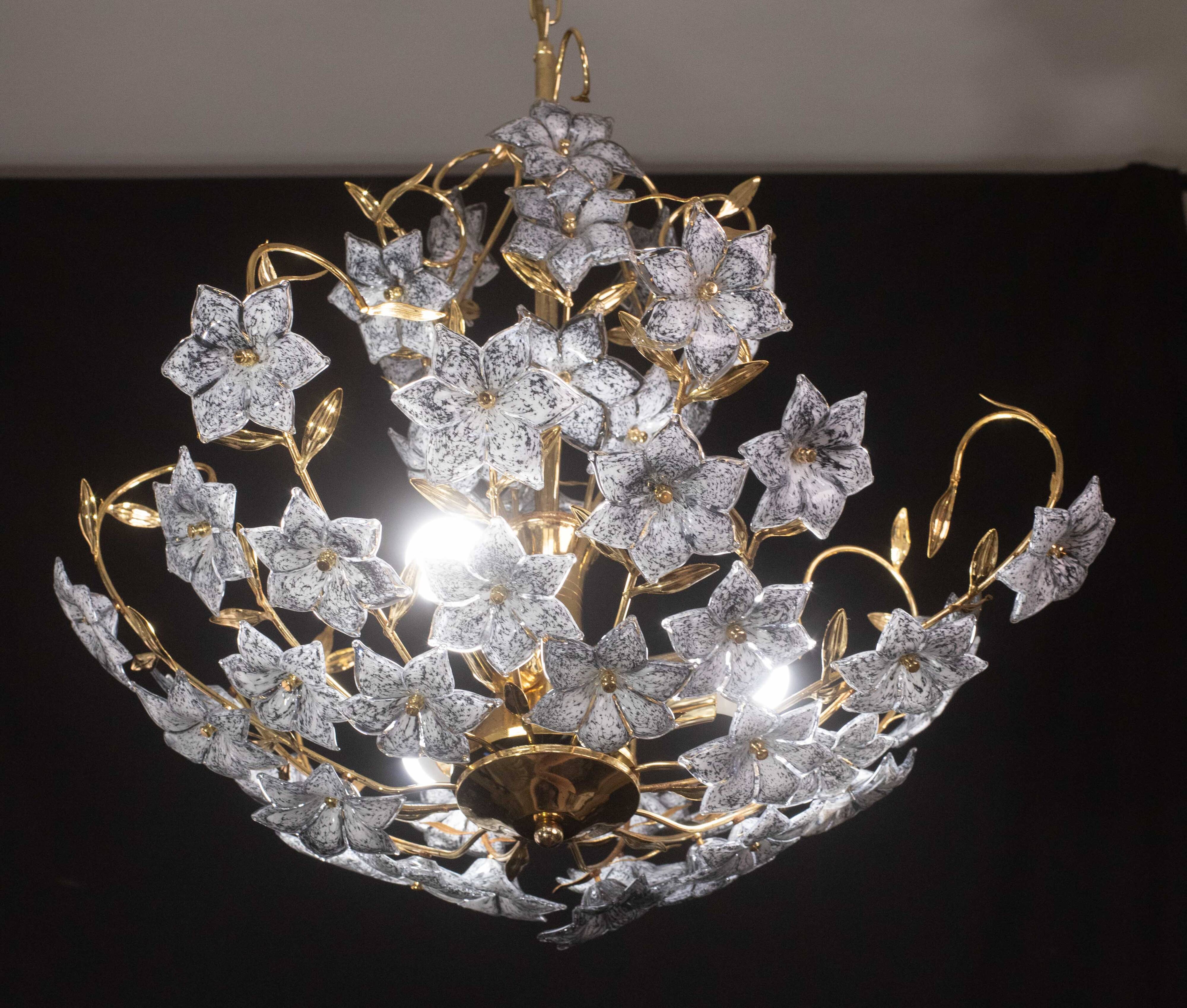 Fantastic Rare Murano Chandelier Full of Black Flowers, 1970s