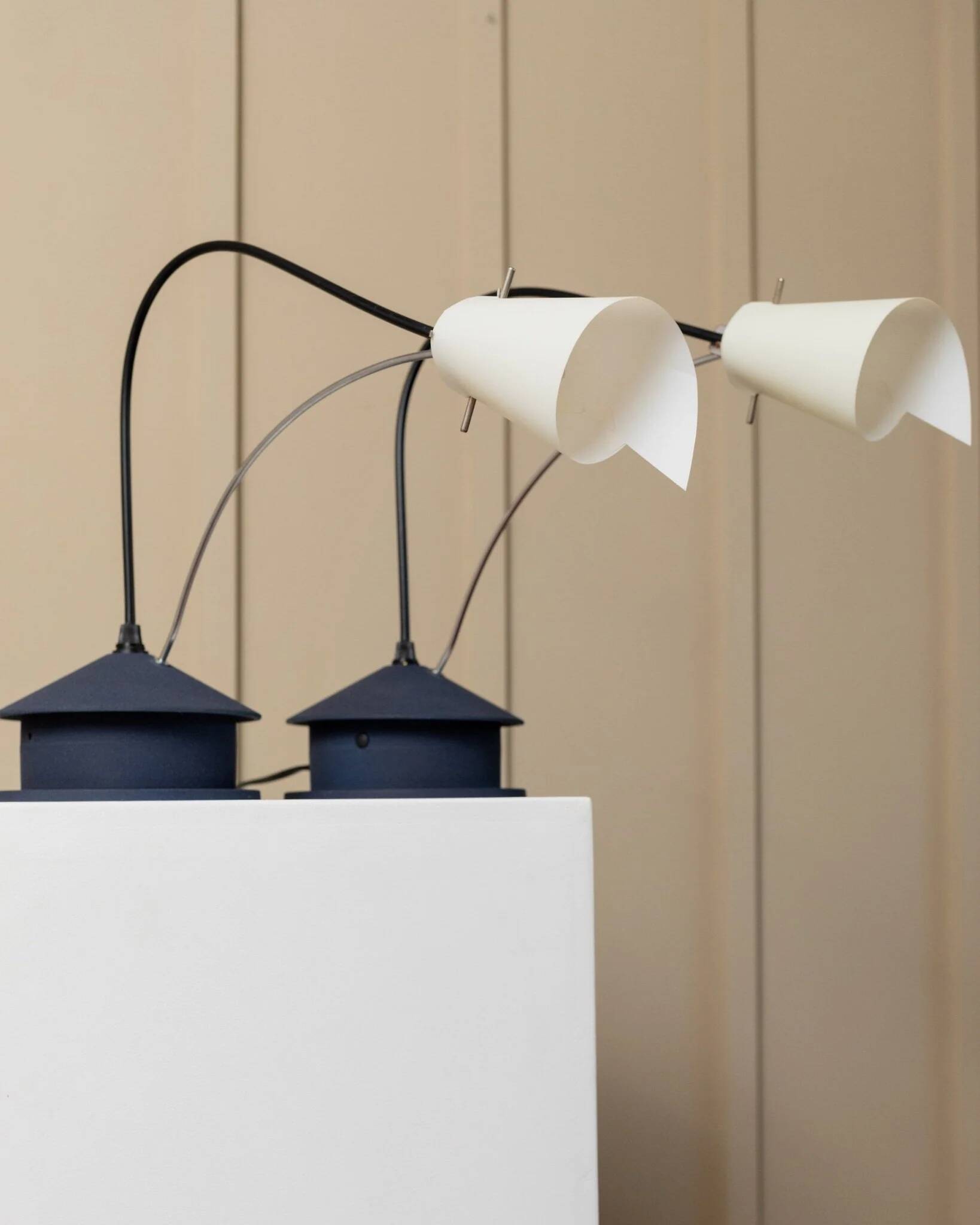 Vintage blue metal table lamp with adjustable chrome neck and white plastic origami shade, 1980s Italy