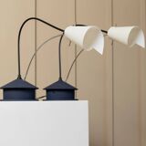 Vintage blue metal table lamp with adjustable chrome neck and white plastic origami shade, 1980s Italy