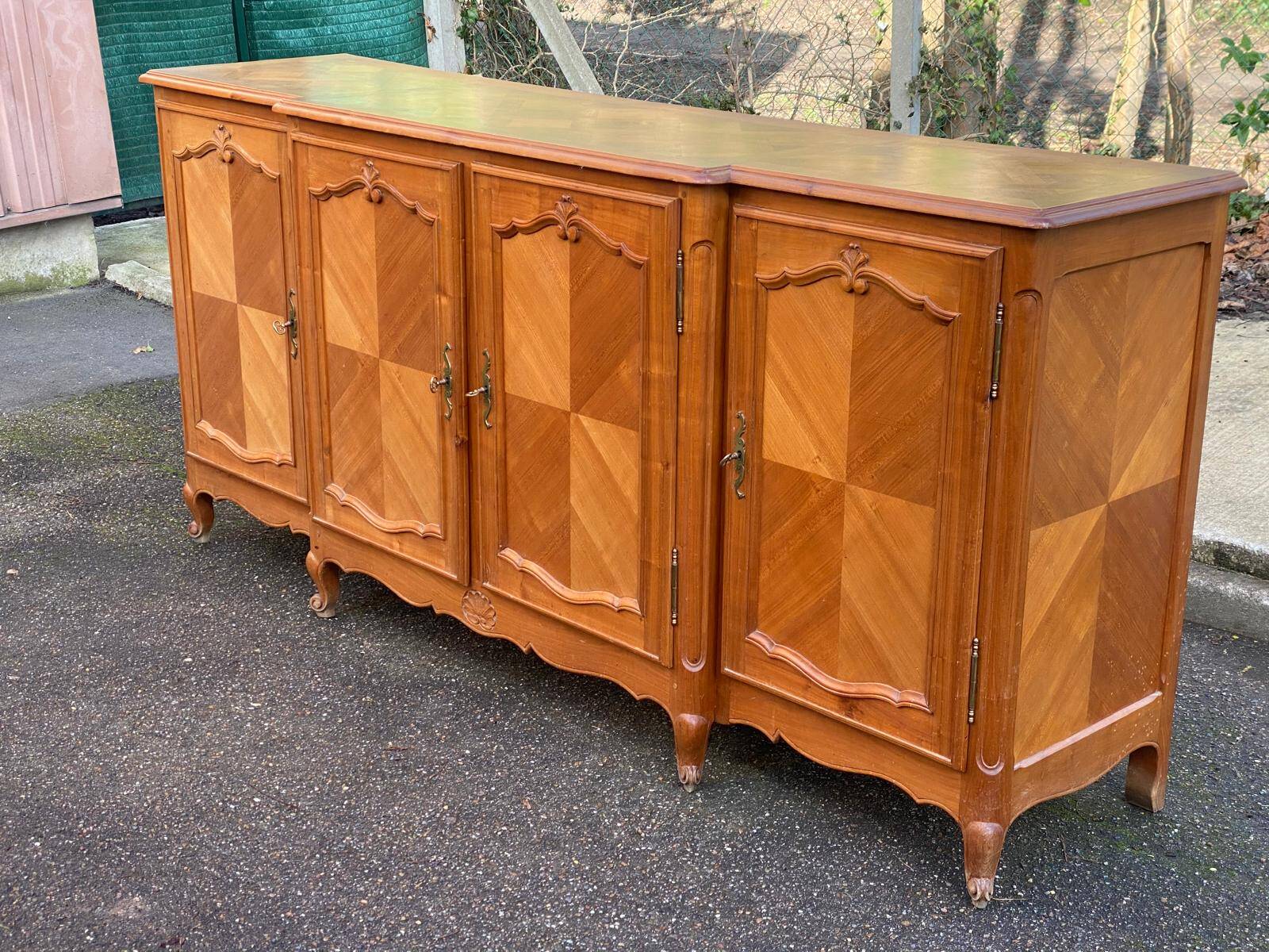 Light solid wood enfilade with Louis XV marquetry from the 20th century, 227cm.