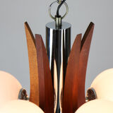 Lustre danois à 5 lumières en verre opalin et bois
