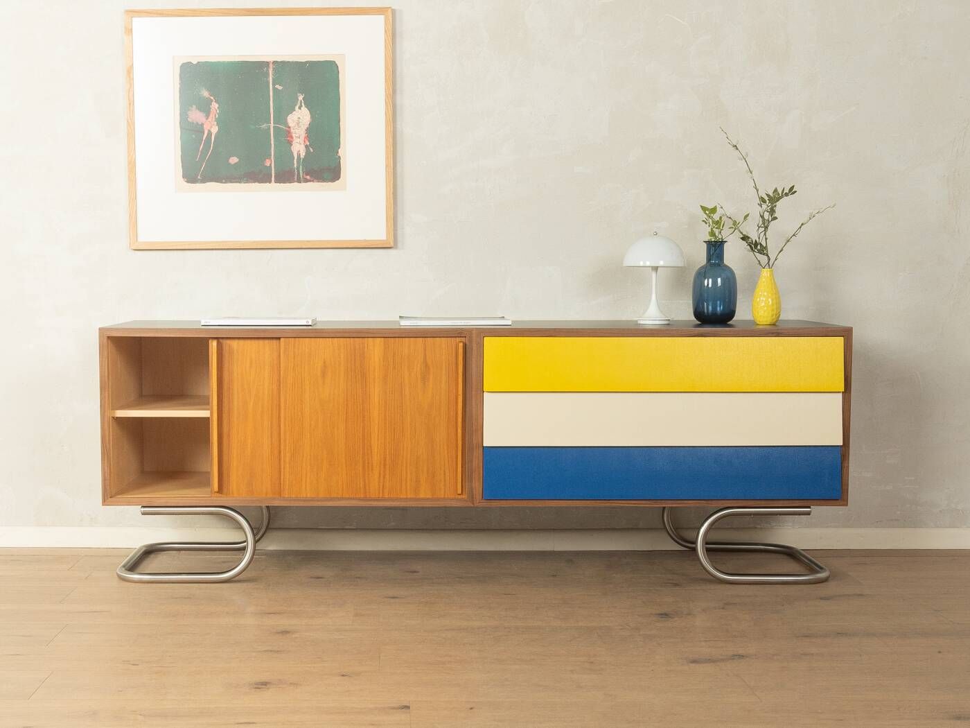 Exclusive mid-century style sideboard with stainless steel base, 1960s