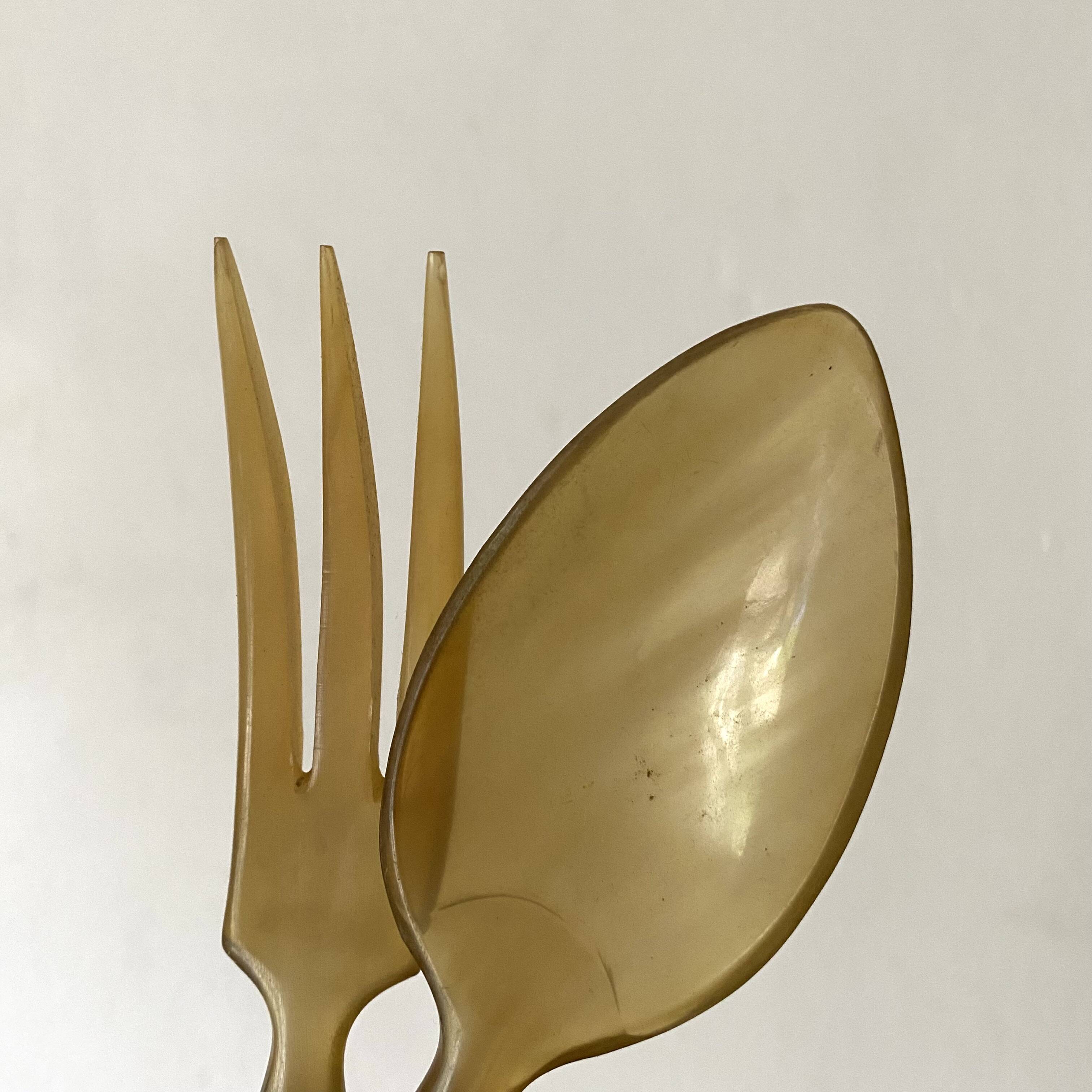 Antique silver plated and horn salad servers