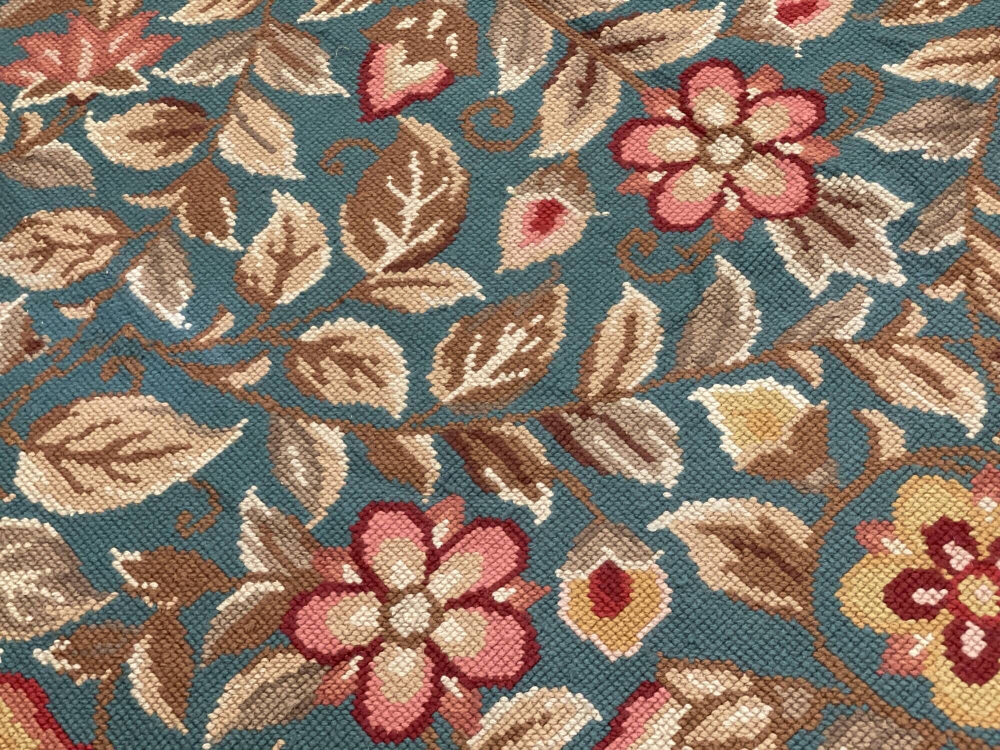 Large Floral Needlepoint Rug 217x277cm Teal Green Traditional Flatweave Carpet
