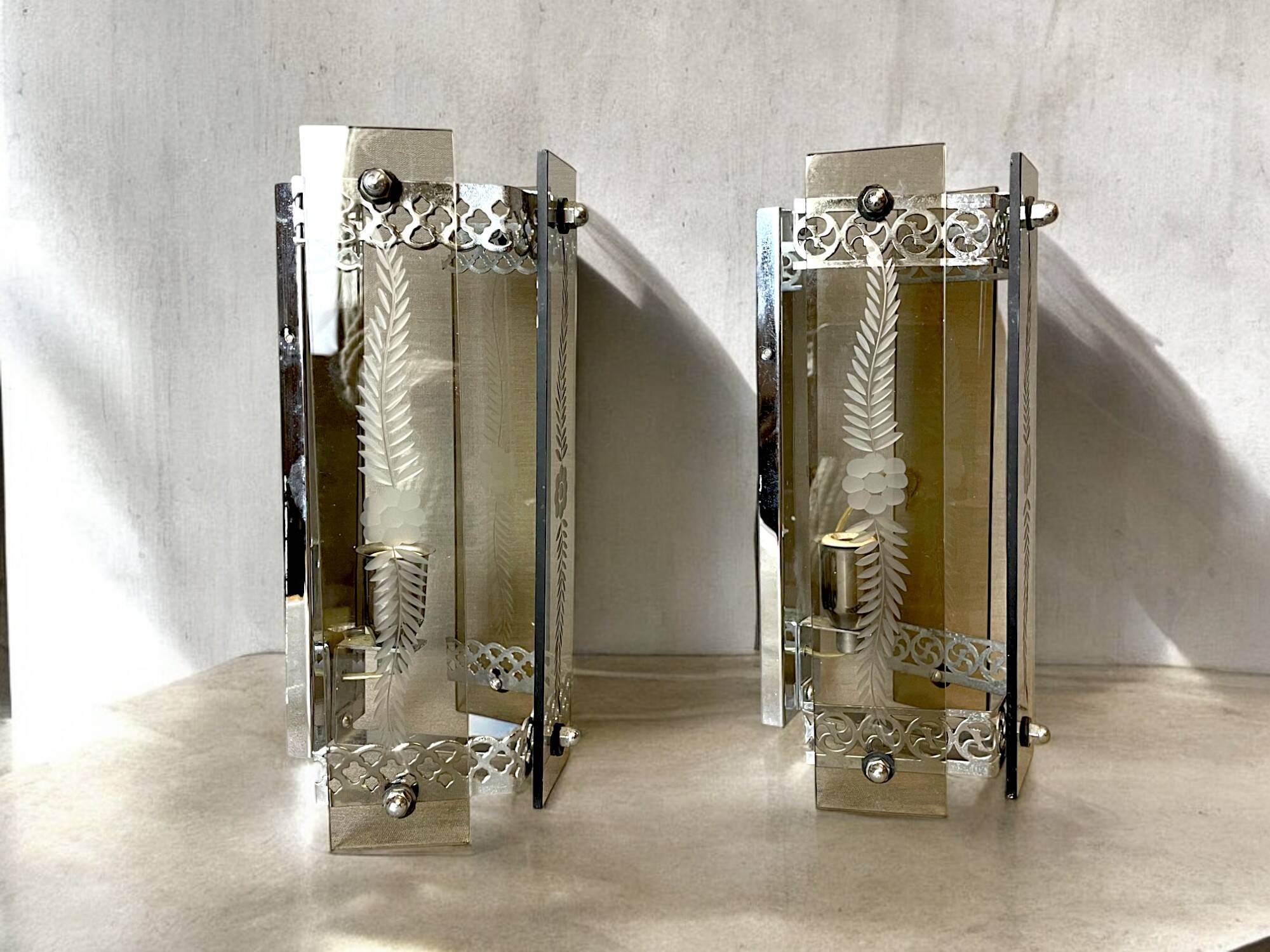 Set of 2 art deco revival smoked glass chromed  wall lamps