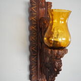 Wall sconce wooden and yellow glass tulip globe