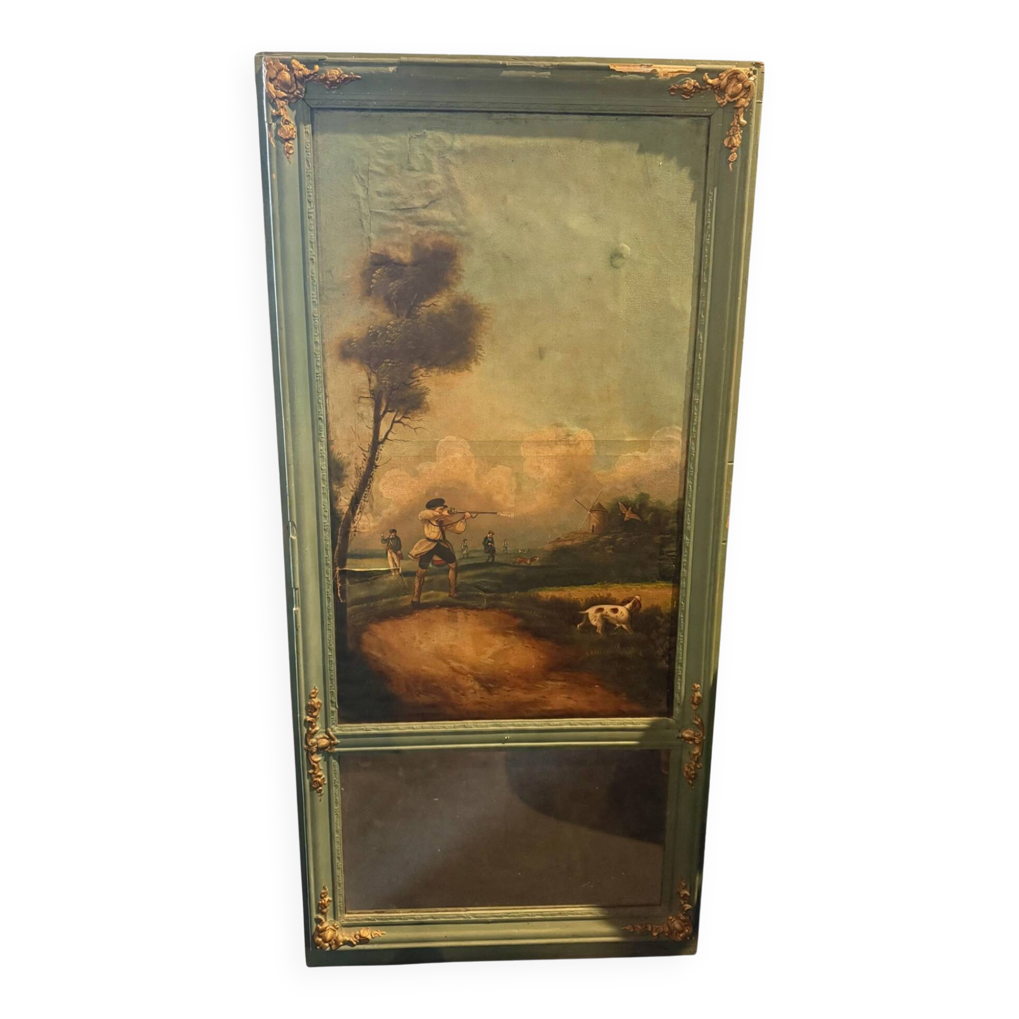 Antique trumeau with hunting scene - Oil on canvas and mirror - Panel