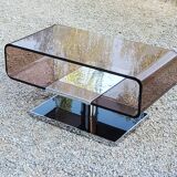 Coffee table from the 70s in chromed steel and smoked plexiglass double swivel trays