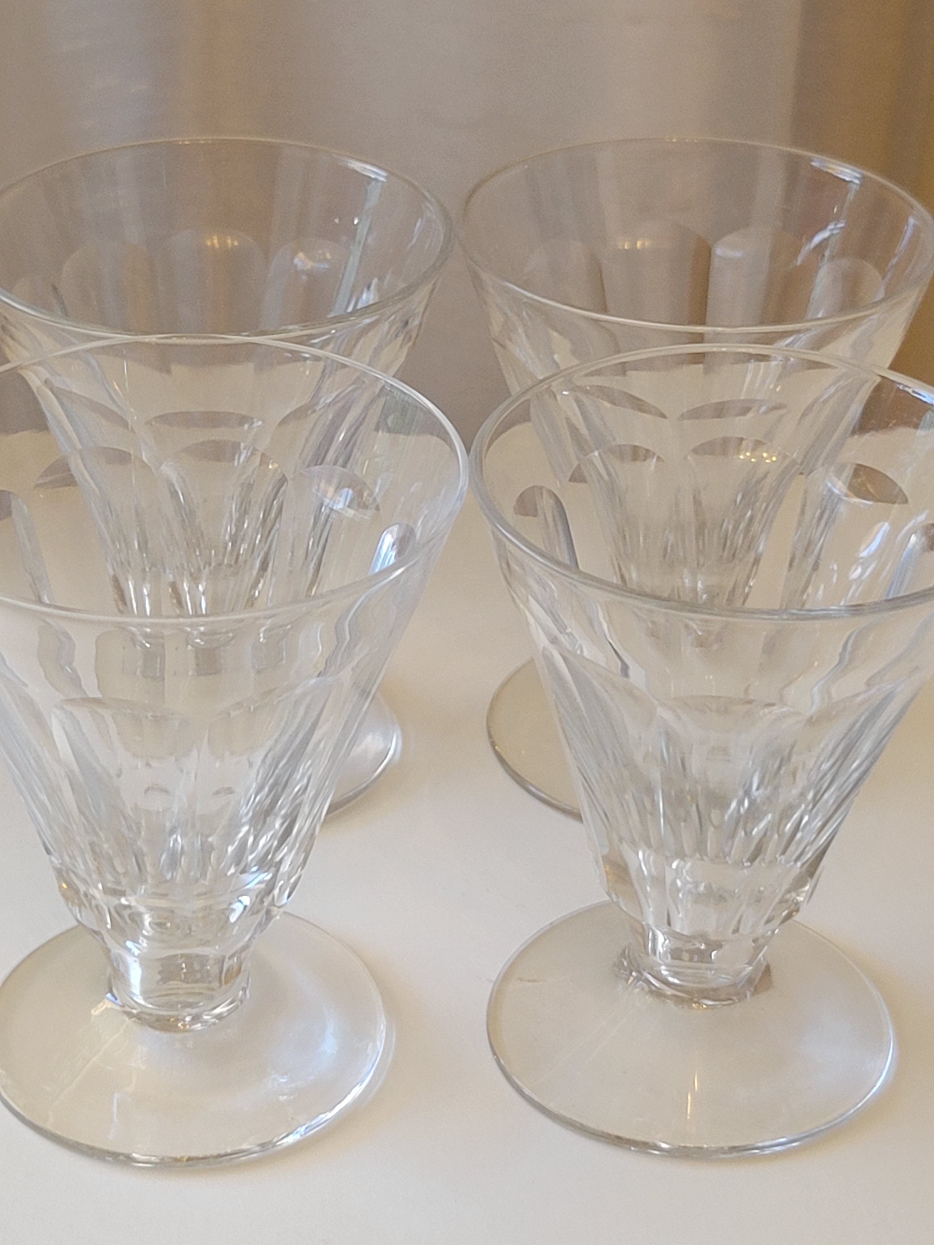 4 old conical liquor glasses cut with 10 flat ribs with faceted sides