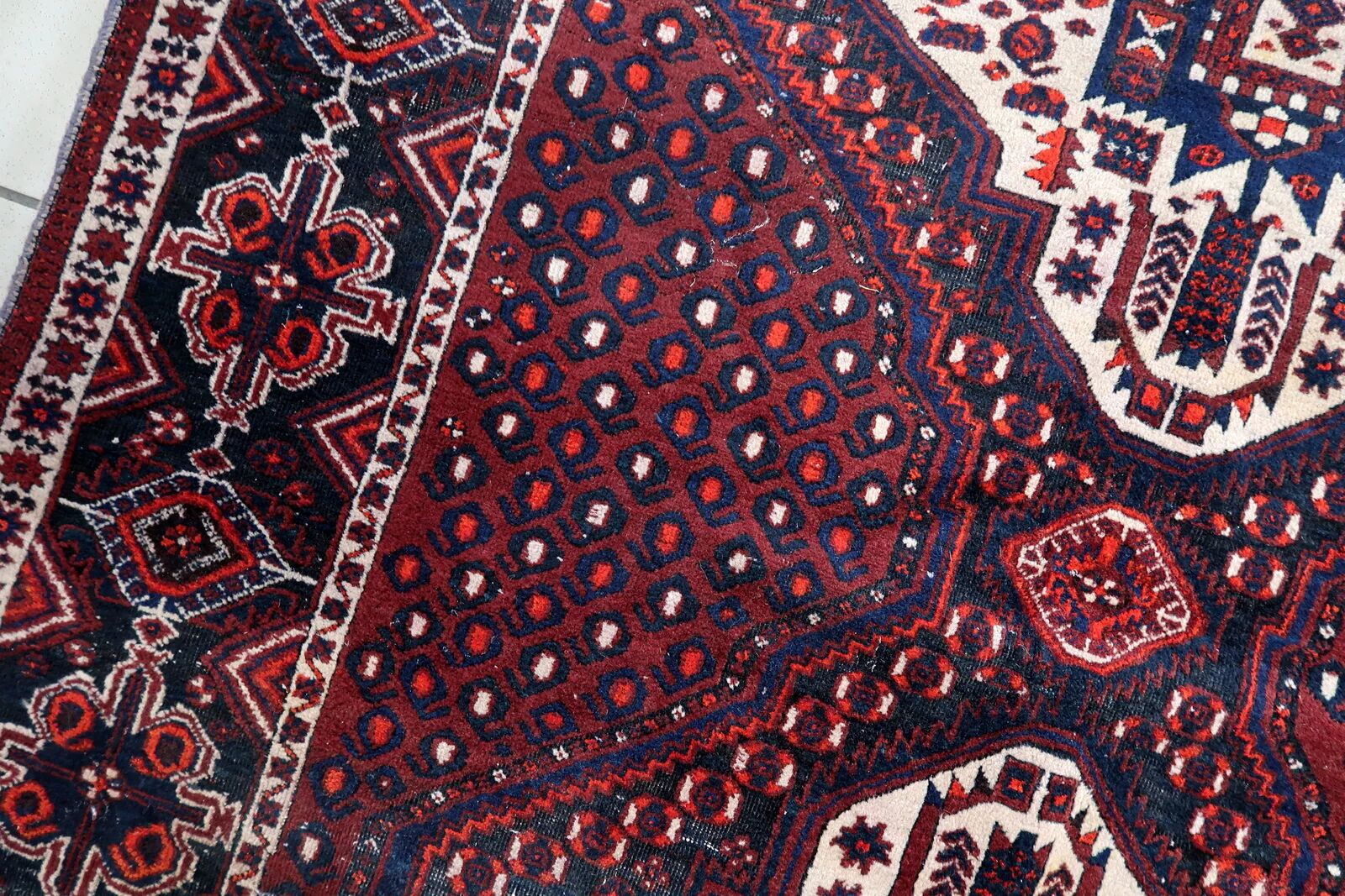 Vintage 1950s Persian Afshar rug, tribal double medallion, red field, 148cm x 211cm