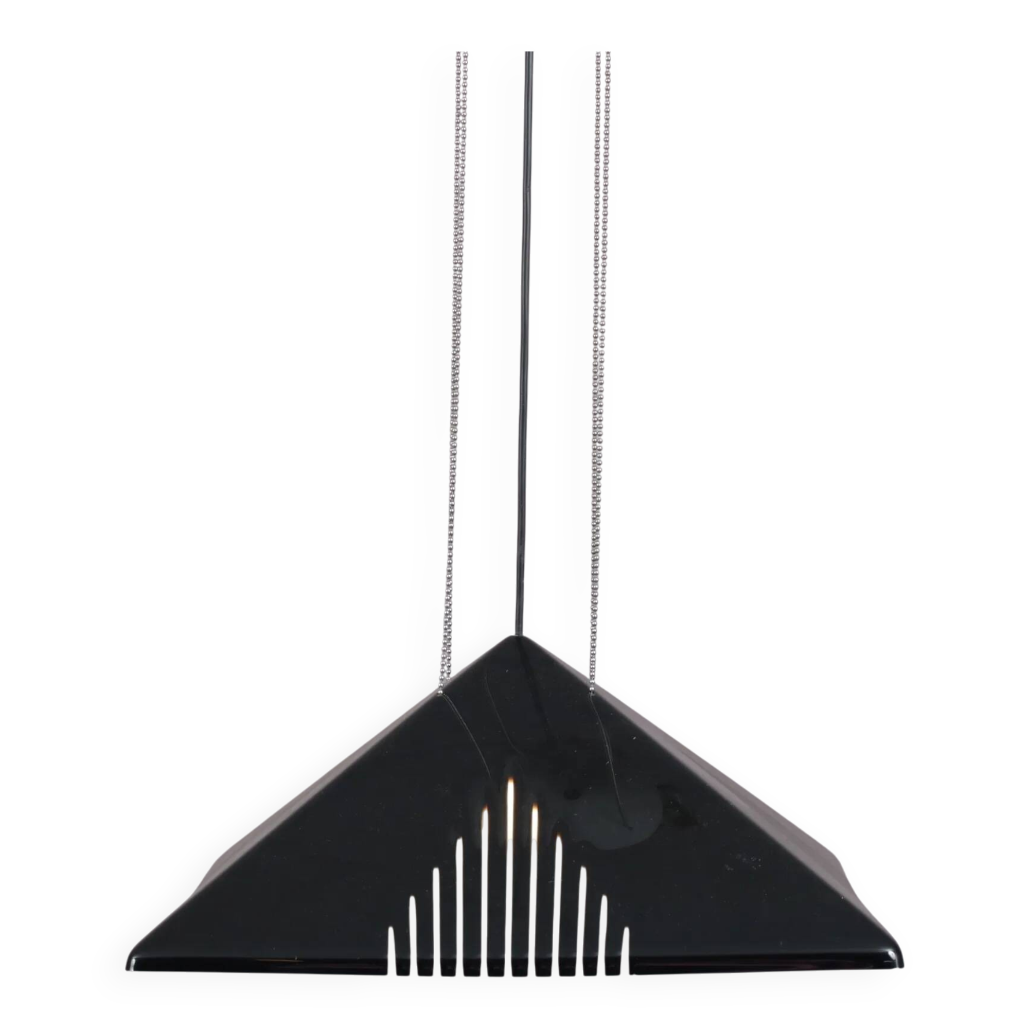 Black plexiglass pendant lamp from the 1980s, mounted on chains, originating from Italy.