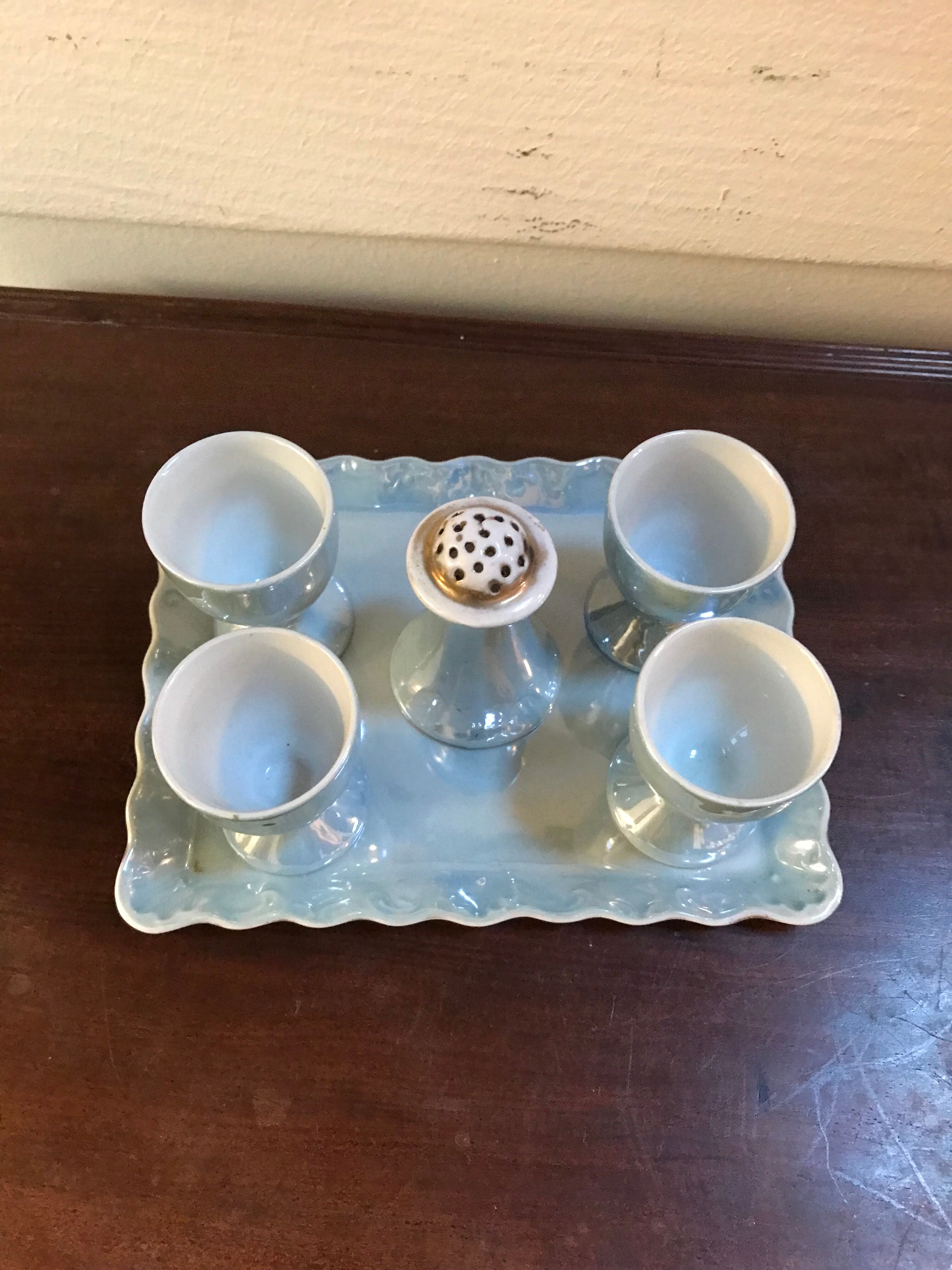 Porcelain egg set 50s shellfish and salt shaker on pearl tray