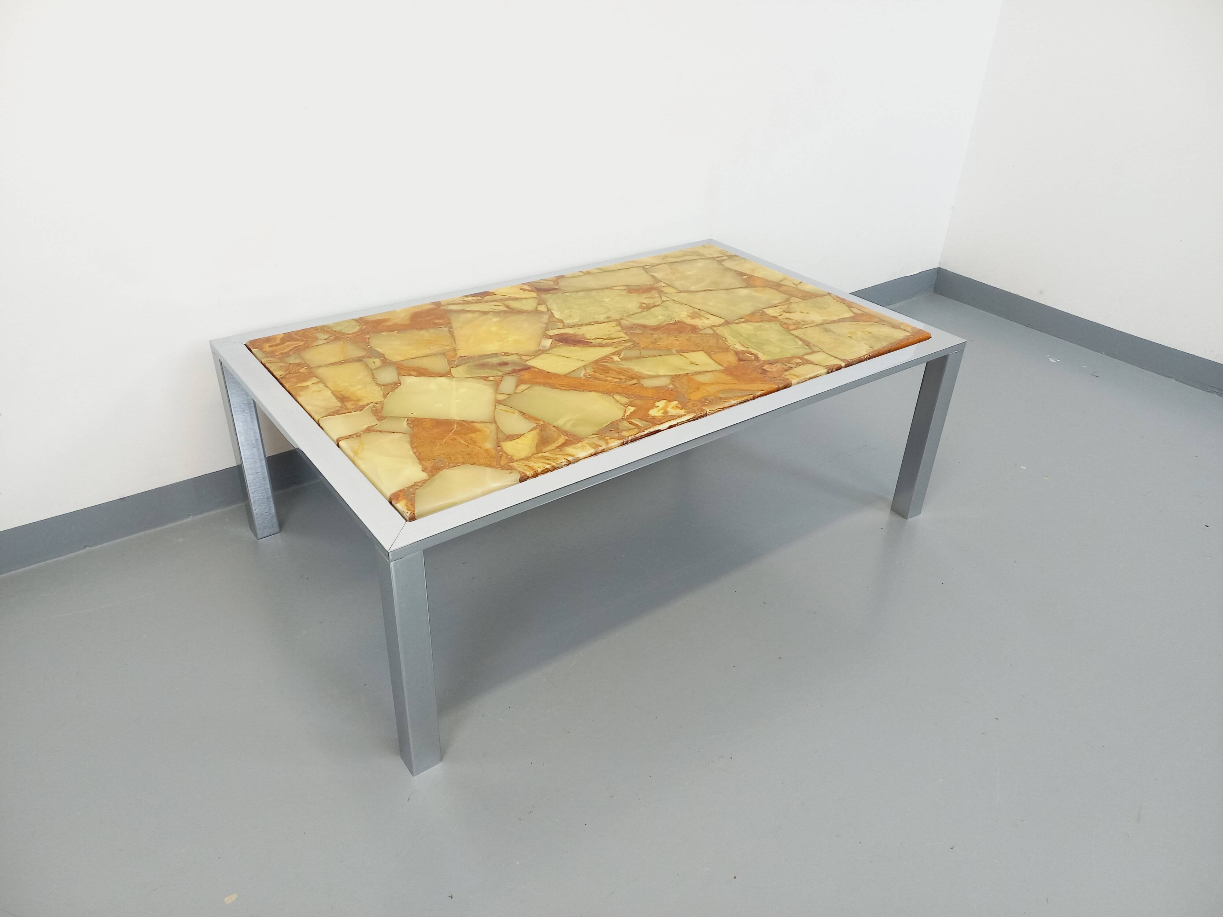 Large vintage coffee table in chrome metal, yellow onyx stone and resin from the 70s