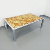 Large vintage coffee table in chrome metal, yellow onyx stone and resin from the 70s