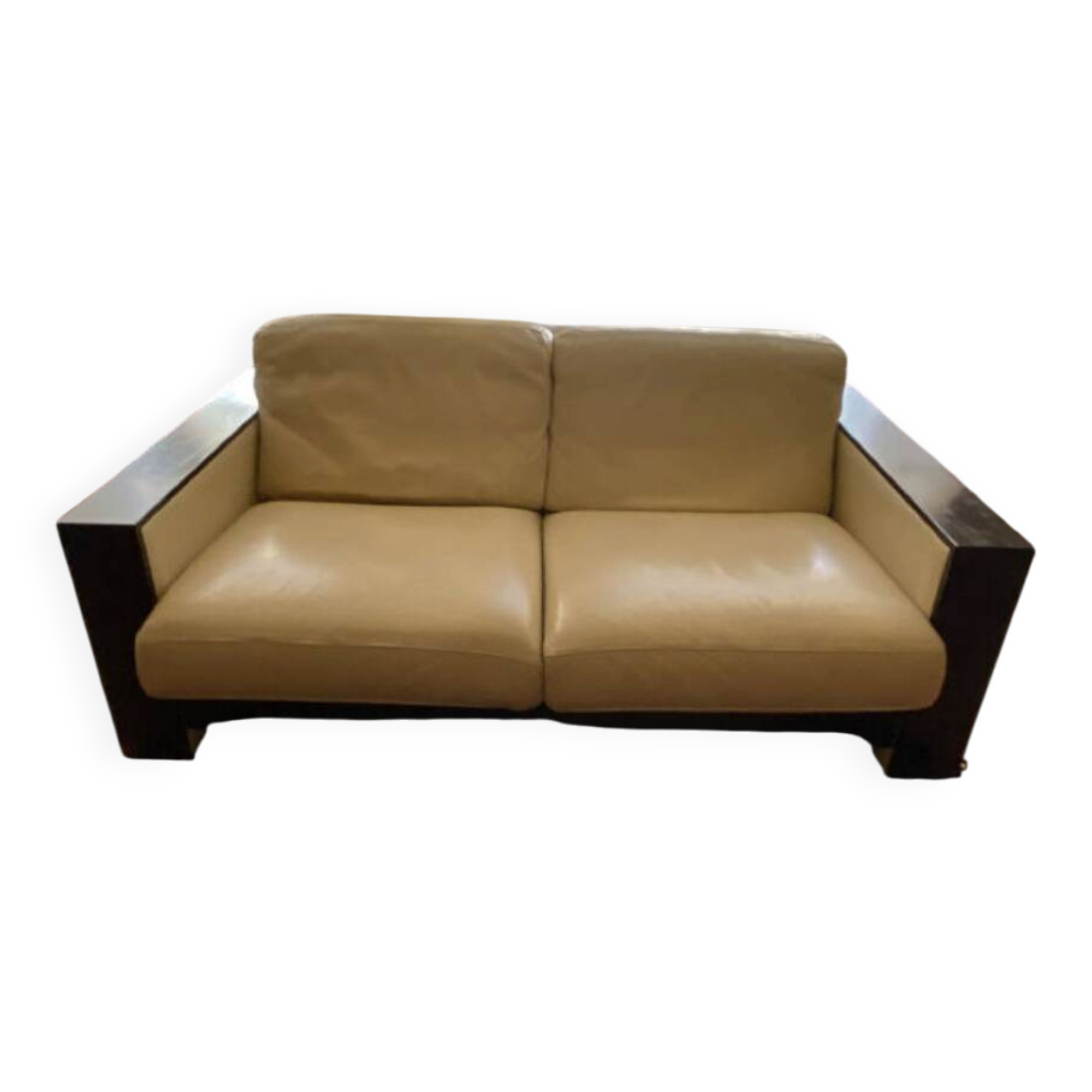 Sofa 2 seaters White leather and wood