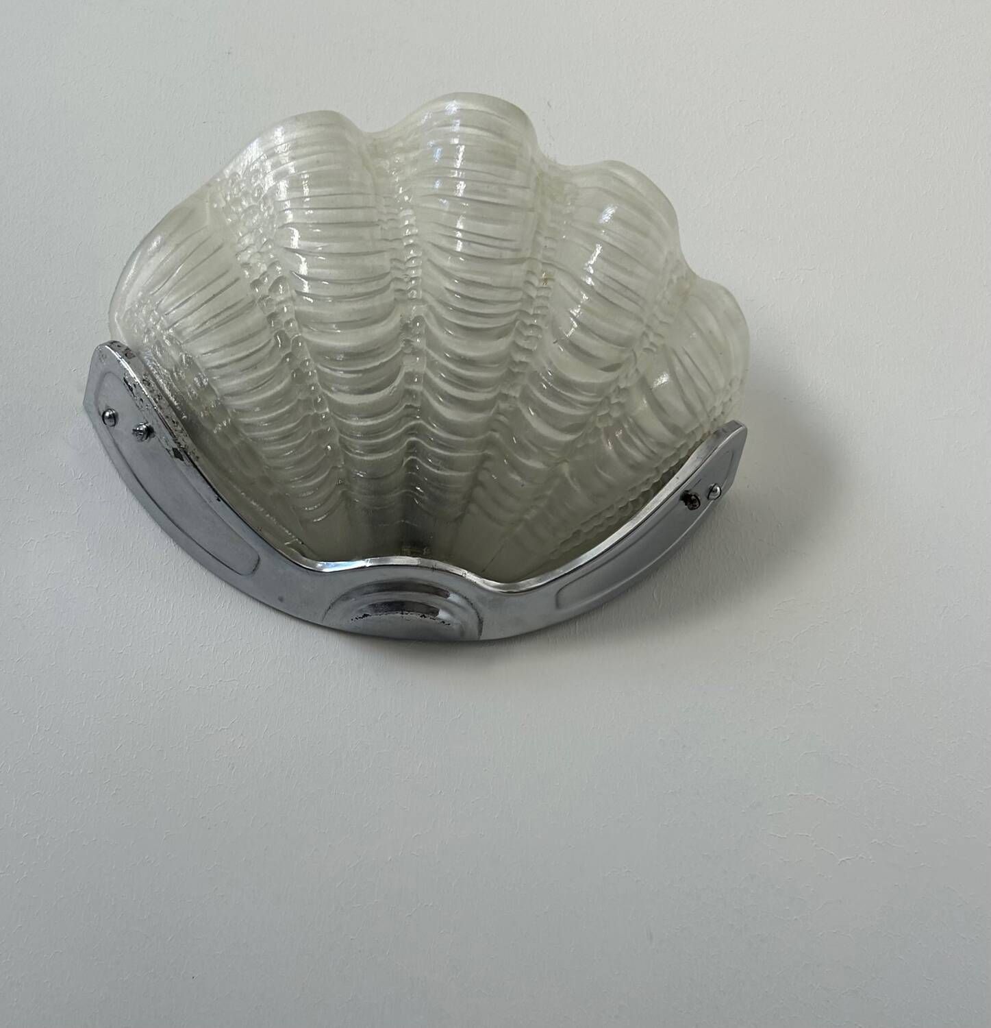 Vintage chrome and sandblasted glass shell wall lamp, France 1960