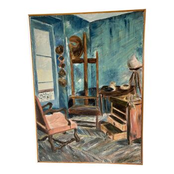 Huile sur toile intérieur d'atelier signée