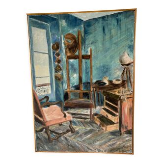Oil on canvas interior of workshop signed